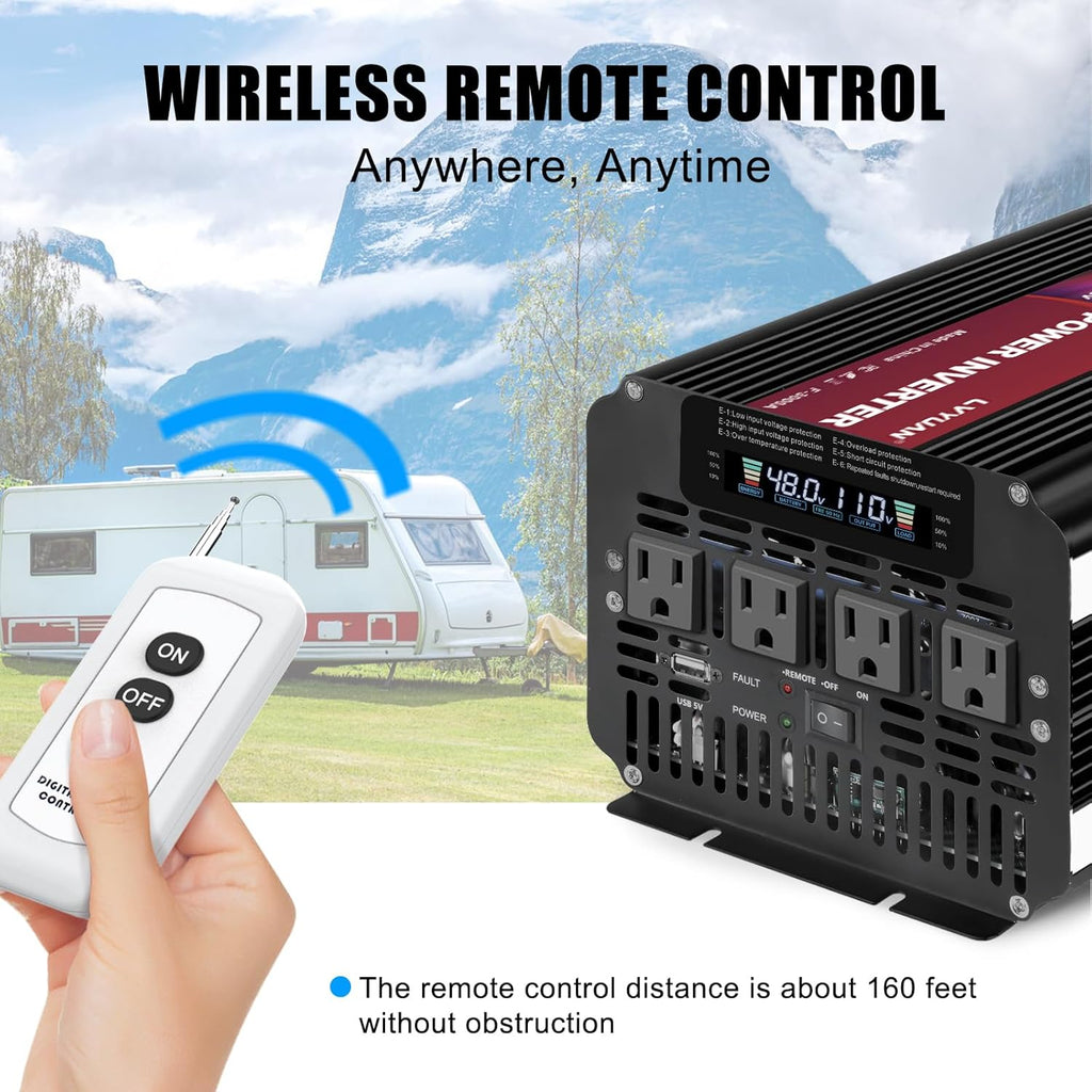 LVYUAN 5000 Watt Power Inverter 48V to 110V 120V for Vehicle, Solar Inverter System, Heavy Duty, RV, Truck, Off Grid,Camping with 4 AC Outlets, LCD Display, Wireless Remote Control, Car Power Inverter
