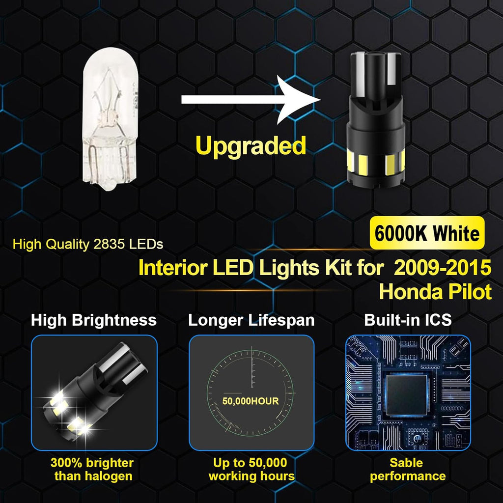 EASY EAGLE LED Interior Car Lights for Honda-Pilot-2009-2015: 17 Piece Kit White LED Light Bulbs - Super Bright 6000K + Install Tool