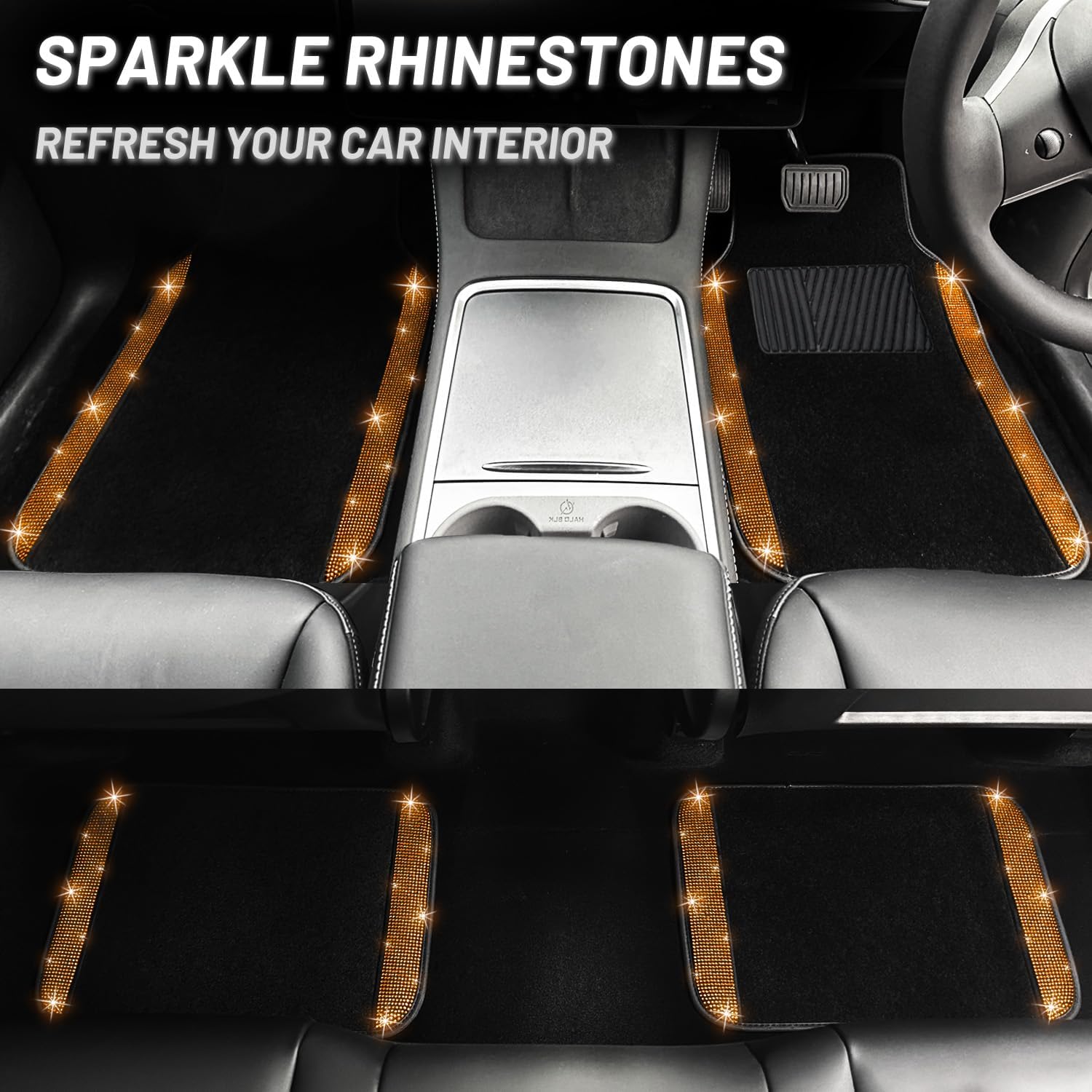 NBTEPEM Bling Car Floor Mats Full Set, Universal Fit Most Cars,SUV, Trucks, 4 pcs Sparkle Glitter Diamond Carpet for Women Girls with Anti-Slip Pad (Orange Diamond)