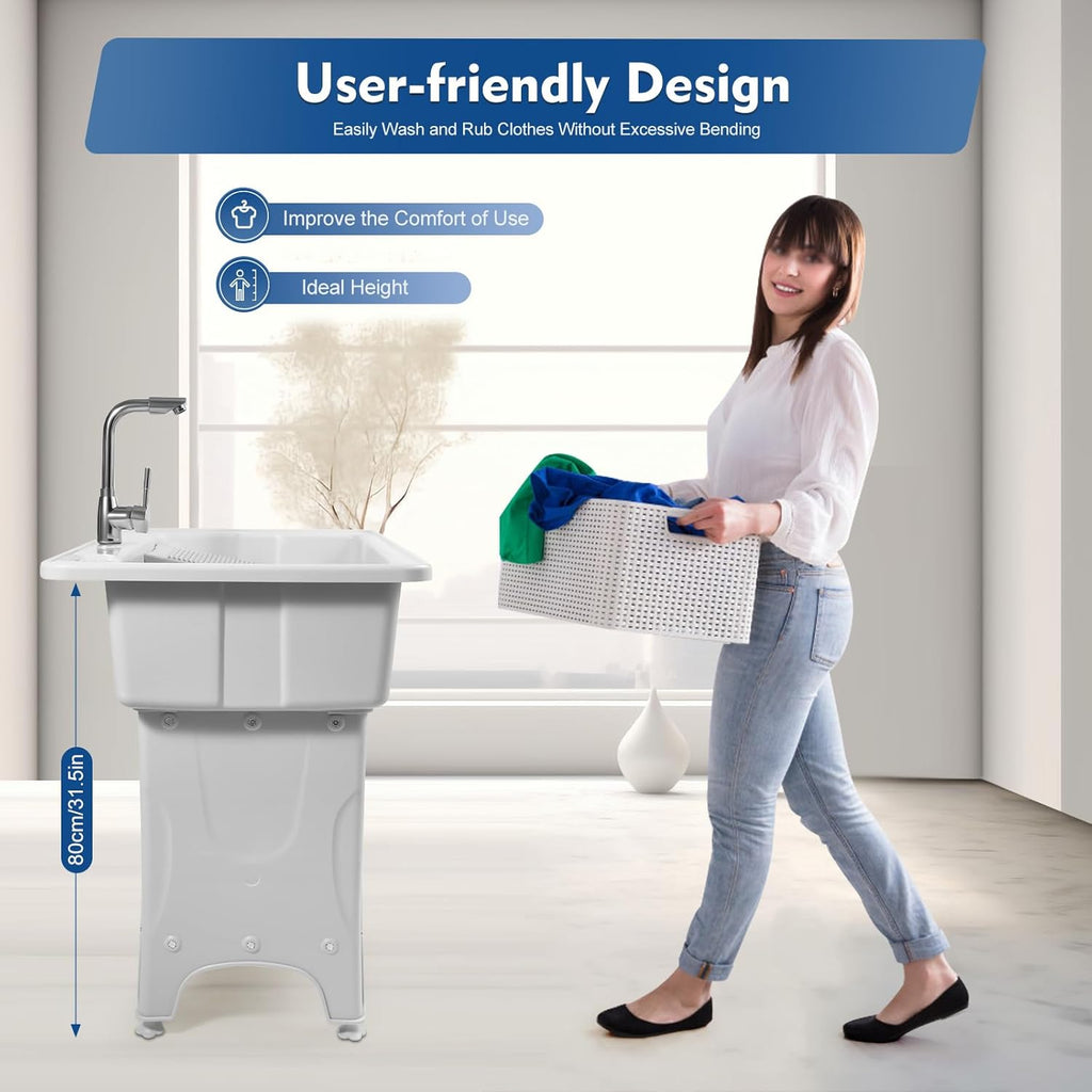 Freestanding Utility Sink Plastic Wash Station with Storage Shelf Indoor/Outdoor for Bathroom & Laundry (Gray, 25.6*21.65*31.5in)
