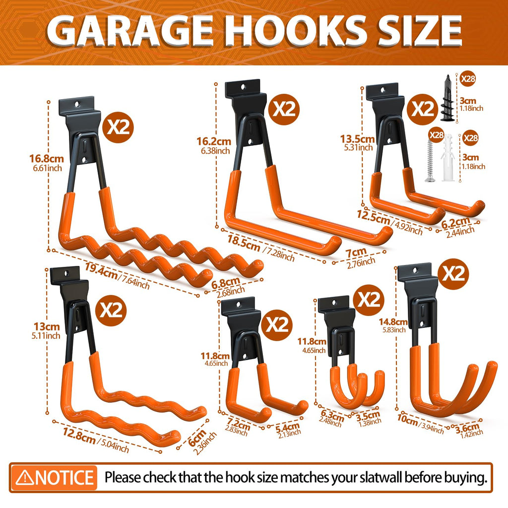 3-H Slatwall Accessories 14 Pack, Slatwall Hooks & Hangers 7 Sizes, Slat Wall Hanging Hooks, Proslat Accessories for Garage Wall Panels Organzing Garden Tools Chairs Ladder(Orange)