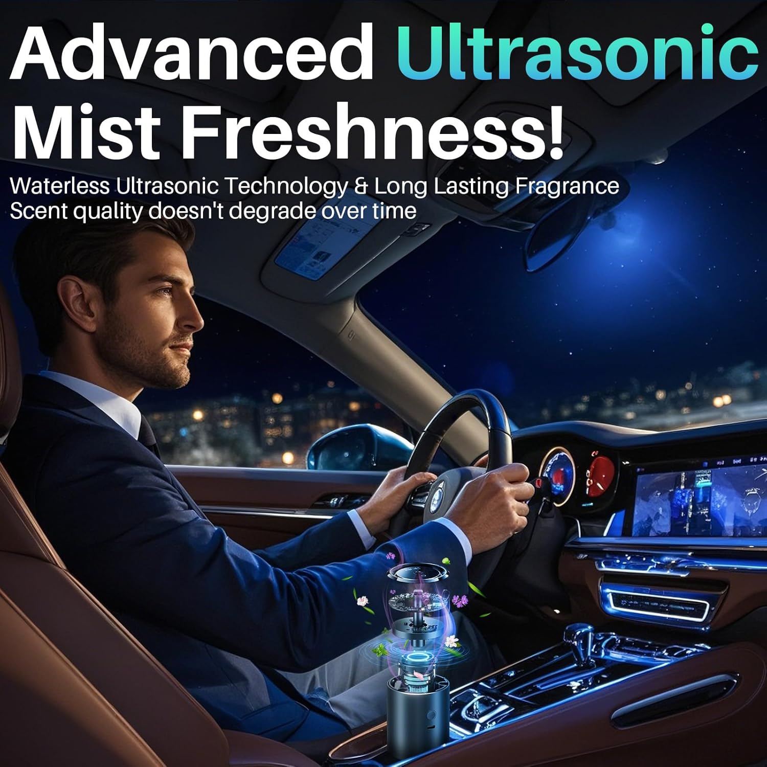 Smart Car Air Freshener Diffuser, Car Diffuser Air Fresheners Long Lasting with 100ml Capacity Essential Oil Last 6 Months, RGB Music Syncing Light, Auto On/Off, 5 Adjustable Car freshener, Freesia