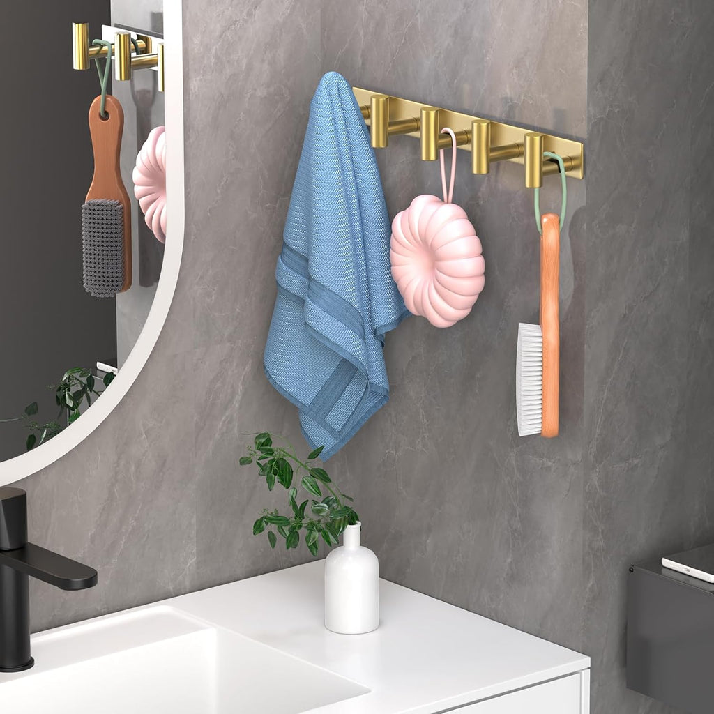 Wall Mounted Coat Rack-5 Hooks, Heavy Duty Stainless Steel Hook Rail for Towel Coat Hat Purse Bag Jacket, Towel Hooks for Entryway Bathroom Kitchen (Gold 5 Hooks - 1 Pack)