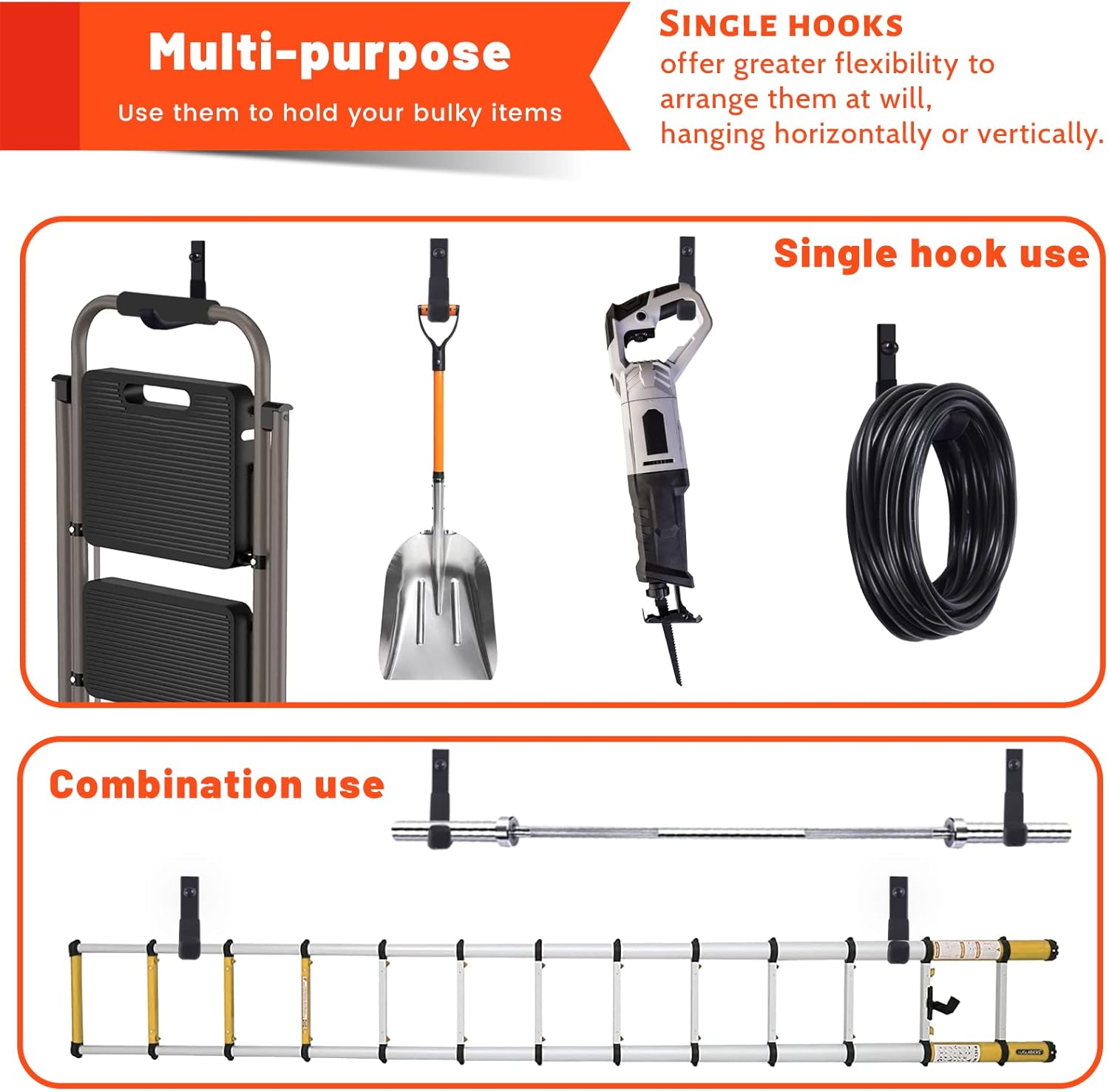 4 Pack Garage Storage Hooks, Ladder Hangers, Steel Wall Mount Hooks, Utility Hooks for Hanging Heavy Duty Shed Tools, Ropes, Garden Hoses, Shovel, Bulk Items, etc.（88lbs, 4Inch）