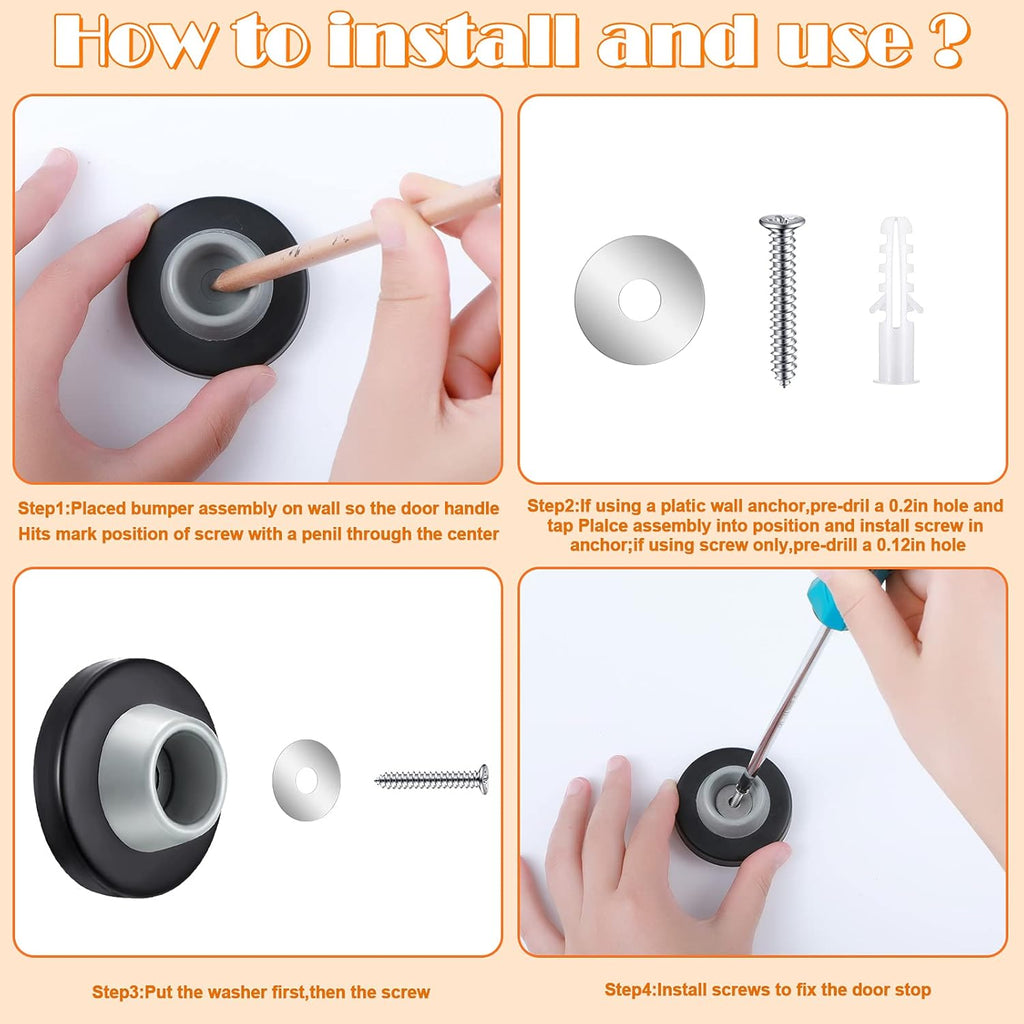 Blulu Concave Wall Door Stopper Door Bumper Stainless Steel Wall Protector Flush Bumper with Grey Rubber Concave Knob Cover Stopper(Black,4 Pieces)