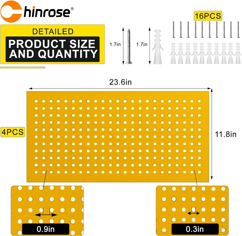 Metal Peg Board Panels for Workbench, Shop, Shed Modular Peg Board Organizer Board Kit, pegboard Wall Organizer(4 Pack, Yellow)