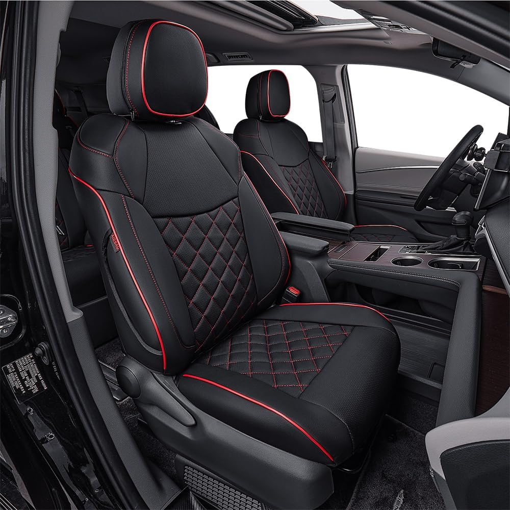EKR Sienna Seat Covers for 2021-2025 Toyota Sienna XLE,XSE,Limited,Platinum,7 Seats,2nd Row Captain Chairs W/NO Legrest,Leather Seat Covers Full Set,Car Seat Protectors(Black with Red Piping)