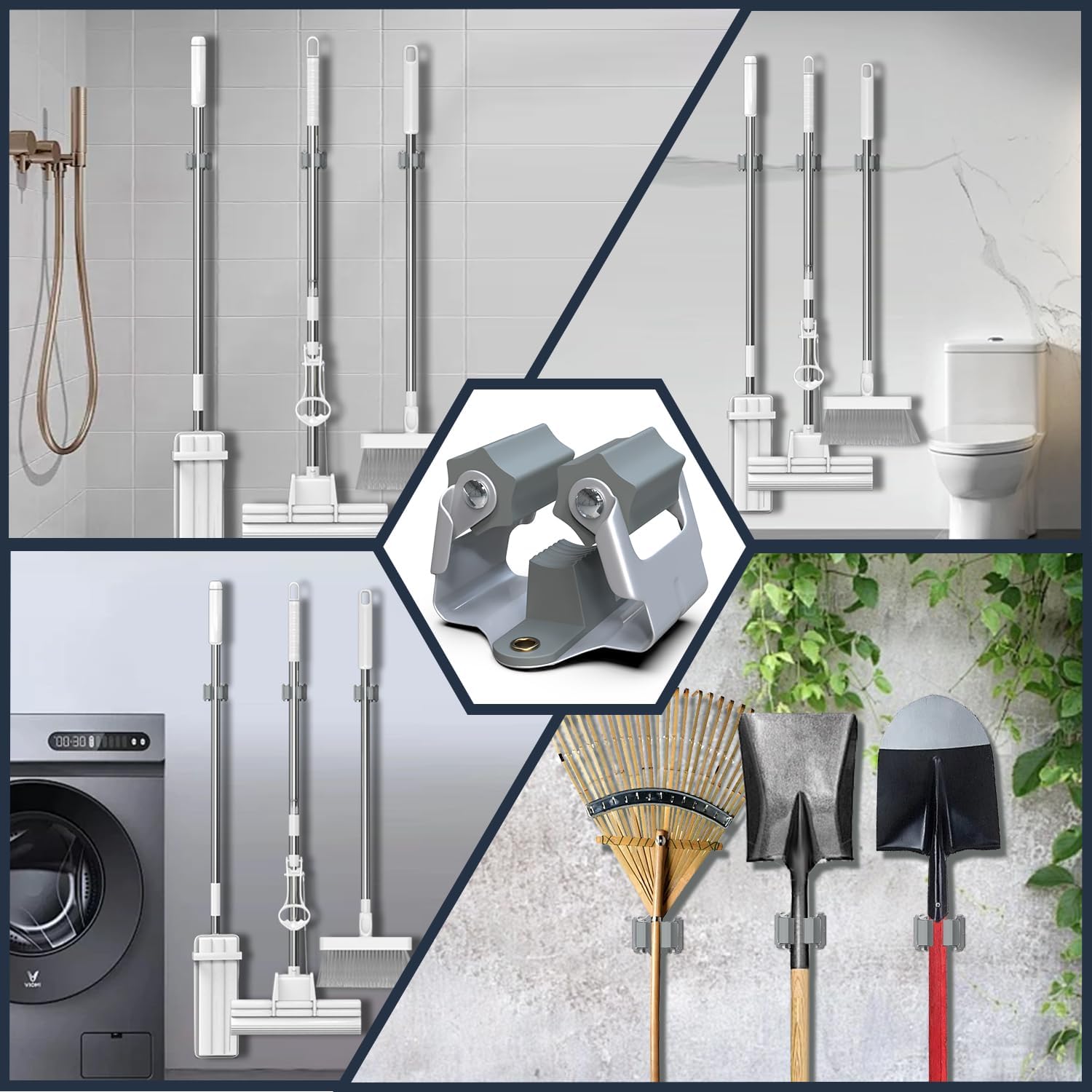 3-H 12 Pack Mop and Broom Holder Big Size Hanging 1 KG Extra,Broom Hanger Wall Mount for Hanging and Organizing Shove Rake Yard Tools in Shed Kitchen Laundry Room Bathroom Garden(grey)