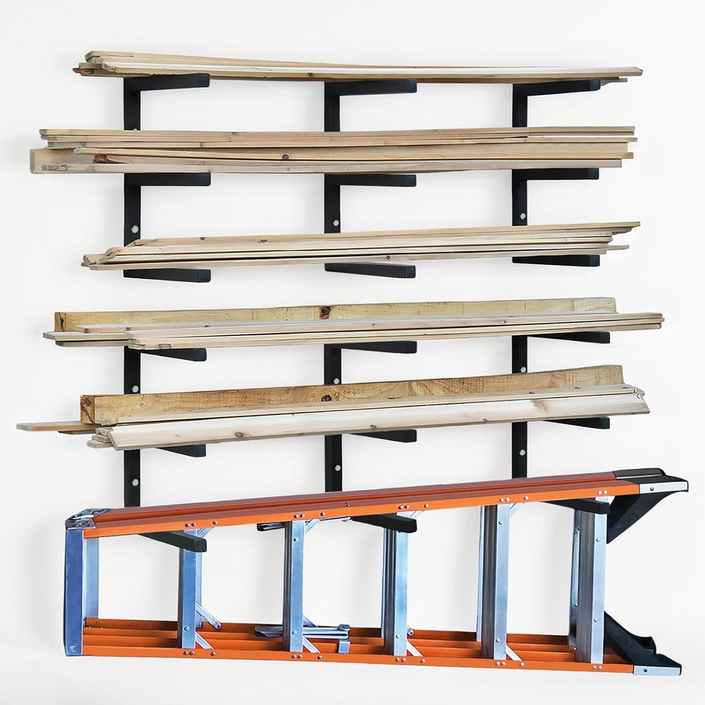 Wood Storage Racks with 3 Level, Garage Organizer Lumber Storage Rack Wall Mounted, Workshop Organizers Wood Wall Shelving, Lumber Metal Racks for Garage, Basement, Indoor and Outdoor (Black, 6 Pack)