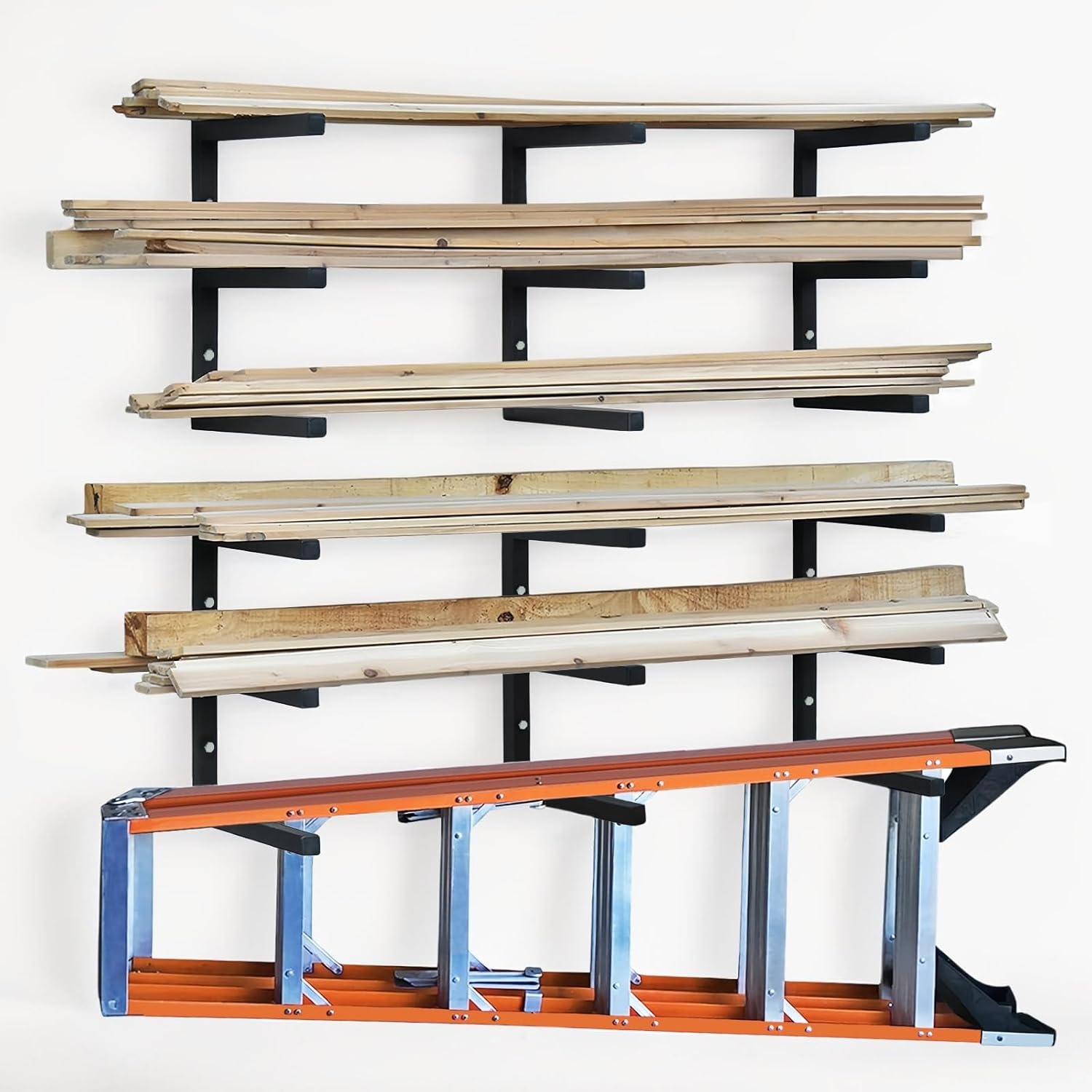 Wood Storage Racks with 3 Level, Garage Organizer Lumber Storage Rack Wall Mounted, Workshop Organizers Wood Wall Shelving, Lumber Metal Racks for Garage, Basement, Indoor and Outdoor (Black, 6 Pack)