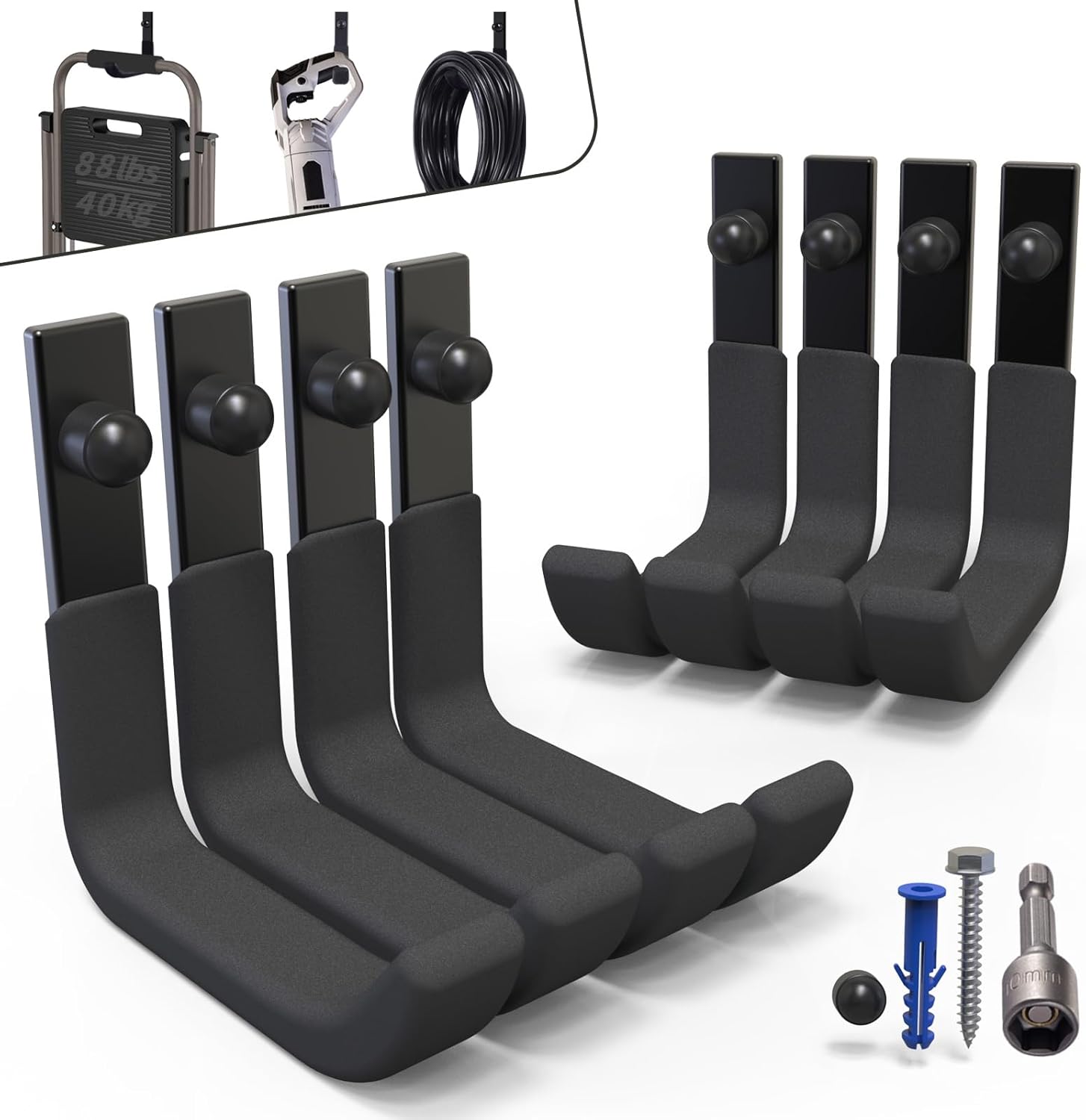 8 Pack Garage Storage Hooks, Ladder Hangers, Steel Wall Mount Hooks, Utility Hooks for Hanging Heavy Duty Shed Tools, Ropes, Garden Hoses, Shovel, Bulk Items, etc.（88lbs, 4Inch）