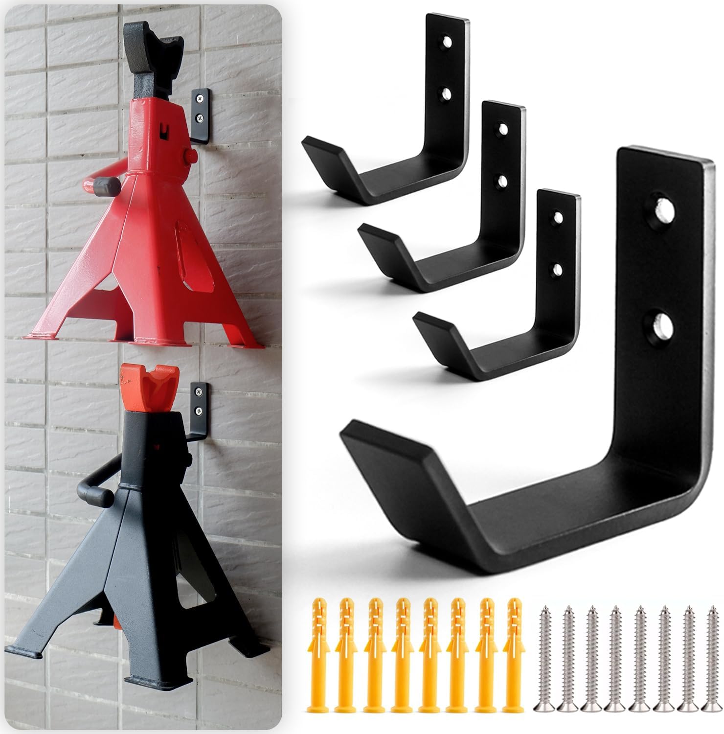 4 Packs Jack Stands Wall Mount Organizer, Heavy Duty Stainless Steel Holder Hook Fits 2 & 3 & 4 Ton Jack Stands