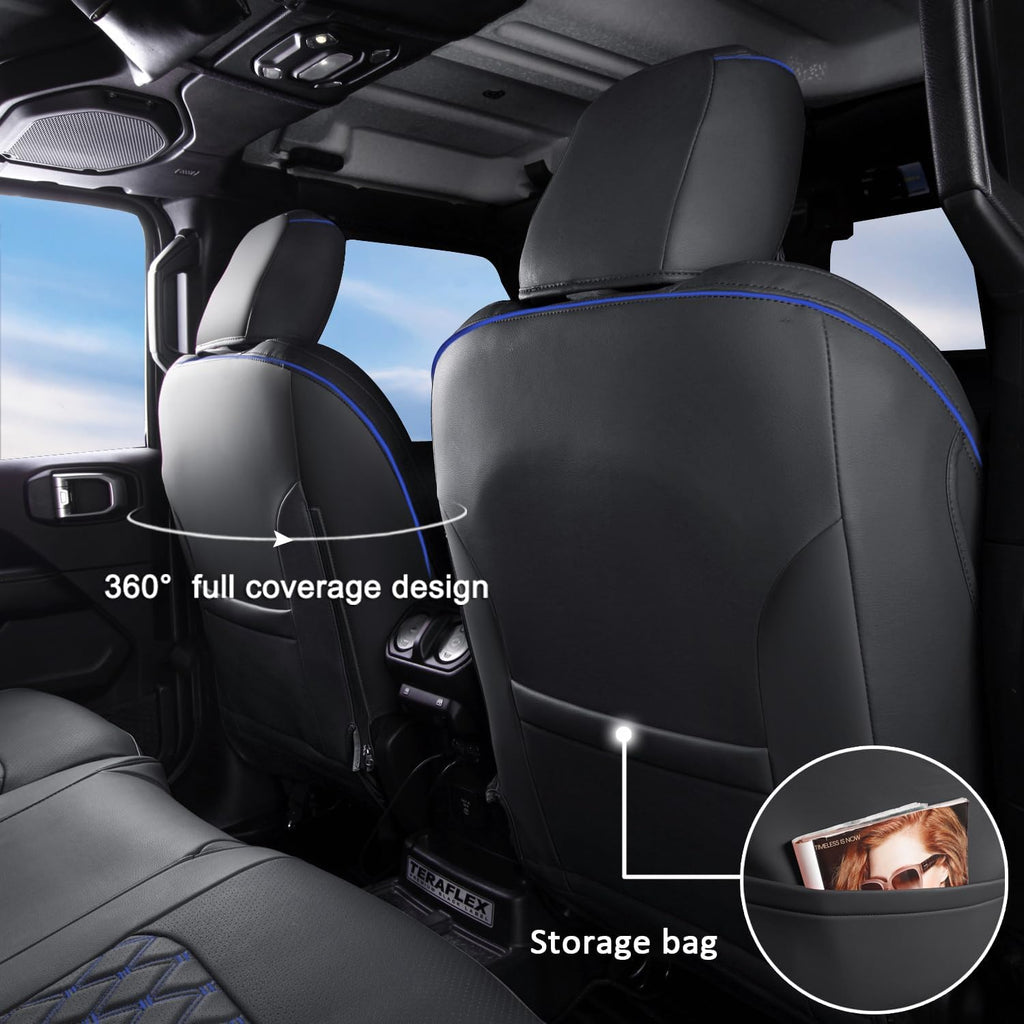 GIANT PANDA Fit Full Set Car Seat Covers for Jeep Wrangler 4 Door JL Sahara Sport Rubicon Unlimited Willys 2018 2019 2020 2021 2022 2023 2024 2025 Without Rear Cup Holder,Faux Leather - (Black+Blue)