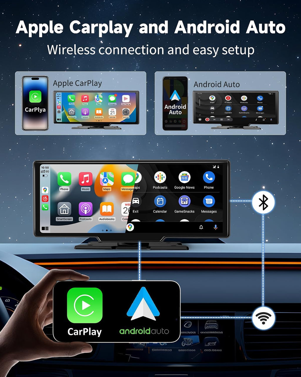 Wireless Carplay Screen for Car - 10.26 Inch Car Stereo Wireless Car Play & Android Auto Touch Screen, with 4K Dash Cam, Backup Camera, GPS Navigation, Voice Control,Bluetooth,Mirror Link,FM