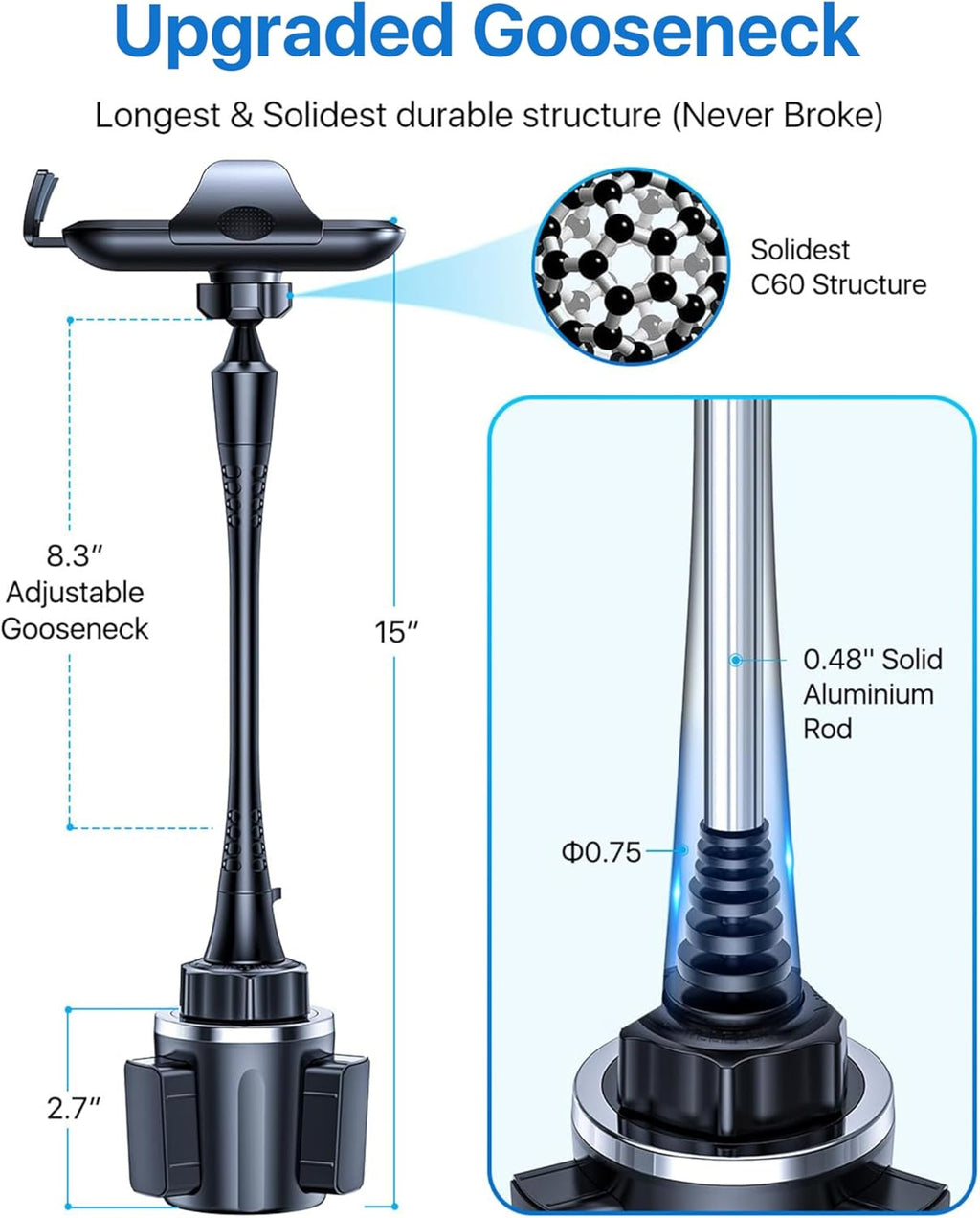 andobil Upgraded, Solidest 15in Cup Phone Holder for Car, Stable & Adjustable, Long Gooseneck Car Phone Holders for Your Car Truck Fit for iPhone 16 Pro Max 15 14 13 12 Pro Max, All Cell Phones