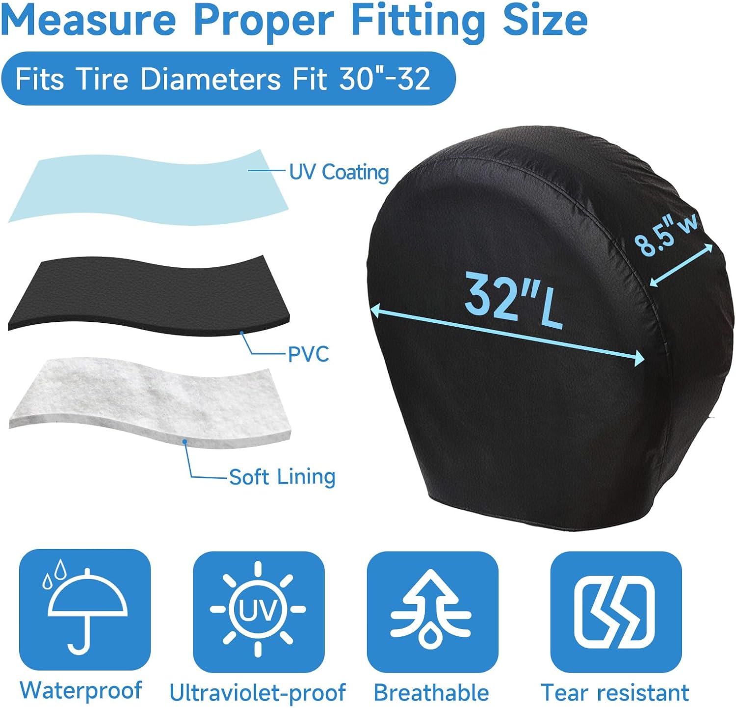 Tire Covers 4 Pack, Waterproof Thickening Tire Wheel Protector for Truck, SUV, Trailer, Camper, RV, Universal Fits Tire Diameters 30-32 inches, Black
