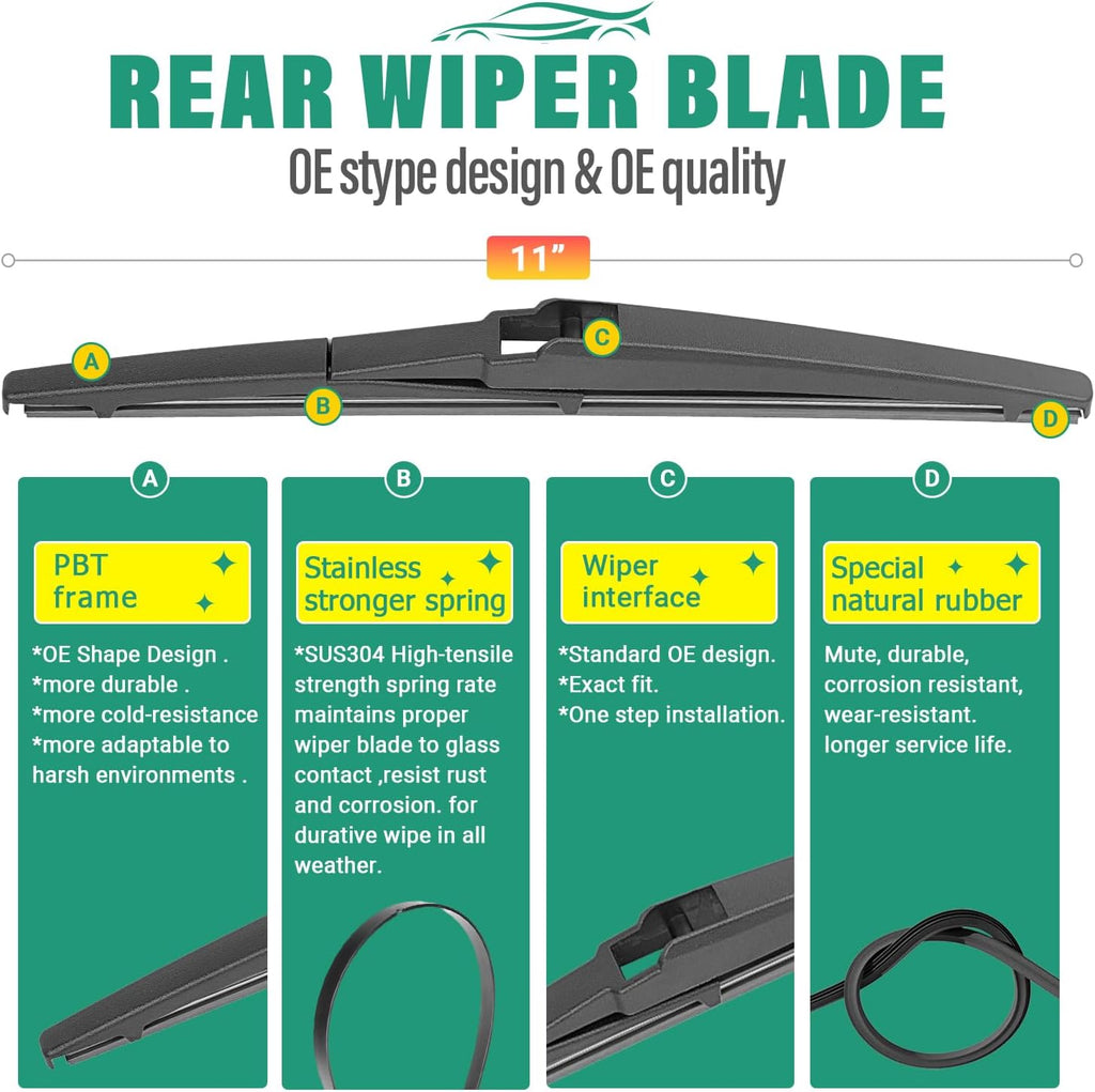 24" 20" 11" Windshield Wiper Blades Replacement for Kia Soul 2010-2019 / Kia Sorento 2011-2015 Premium All Weather Front Rear Wipers Set - OEM Quality (Pack of 3)