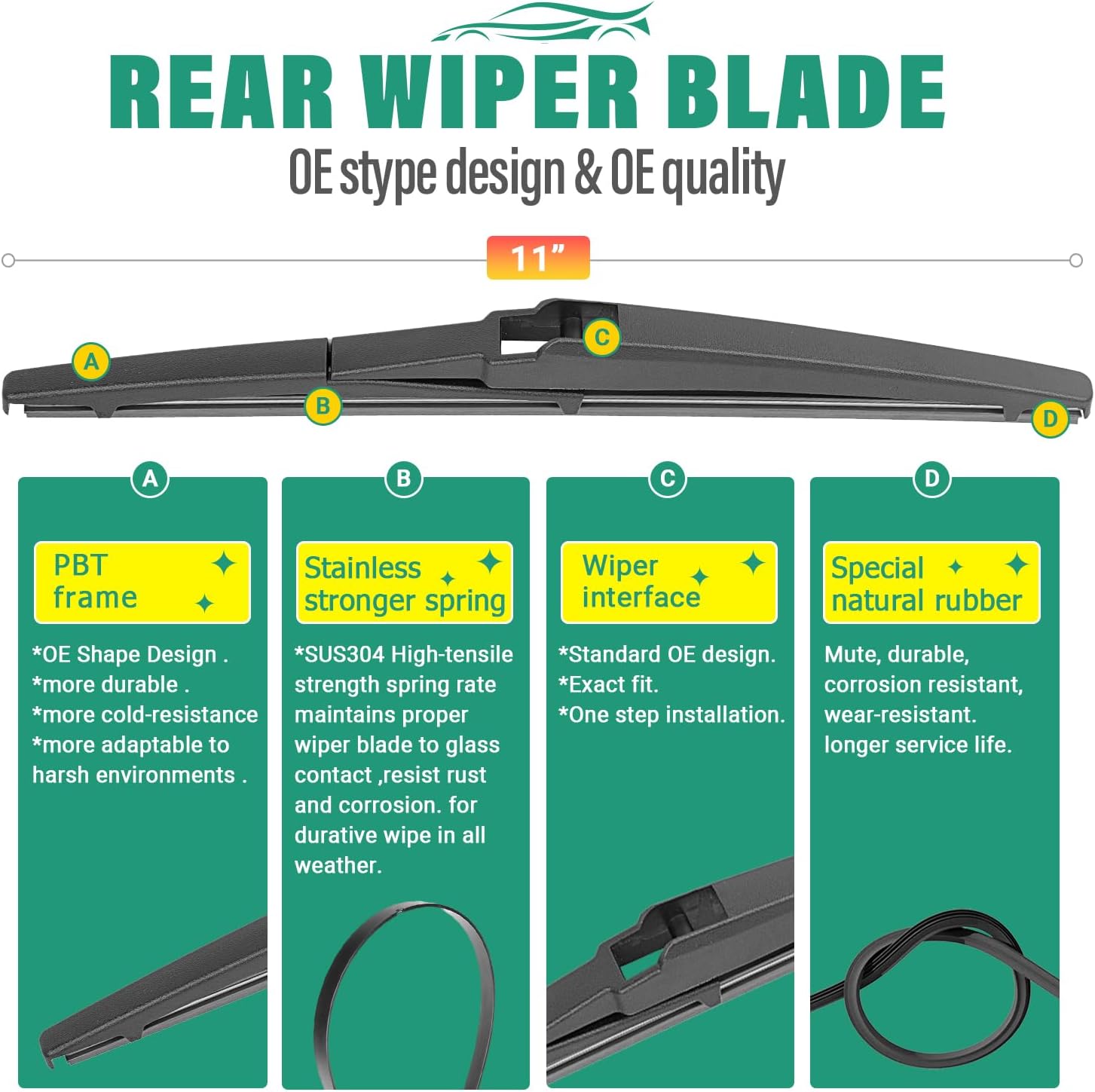 24" 20" 11" Windshield Wiper Blades Replacement for Kia Soul 2010-2019 / Kia Sorento 2011-2015 Premium All Weather Front Rear Wipers Set - OEM Quality (Pack of 3)