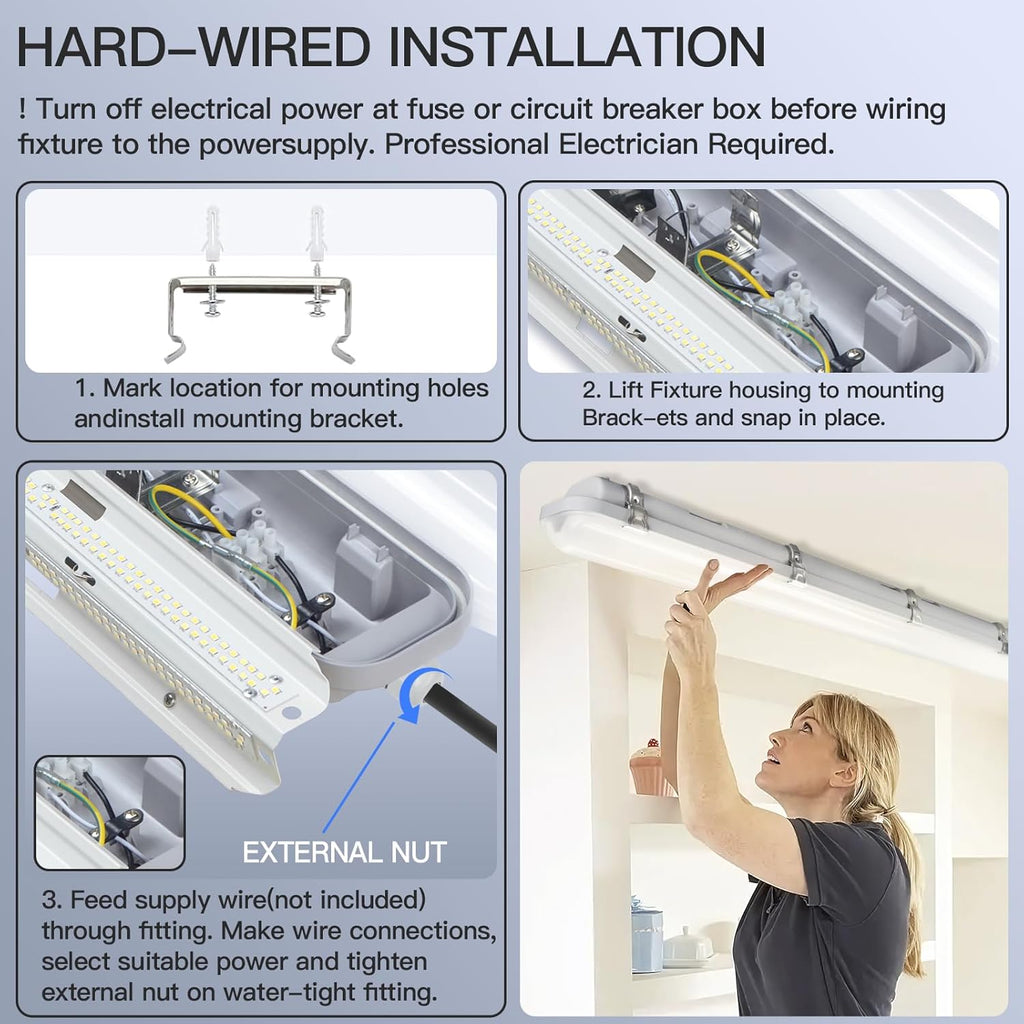 JTT 4FT LED Vapor Tight Light, 60W/50W/40W IP65 Waterproof LED Outdoor Indoor Shop Light 6000K/5000K/4000K CCT, Vapor Proof Fixture for Garage Shop Basement Barn Car-Wash, 4-Pack ETL Listed