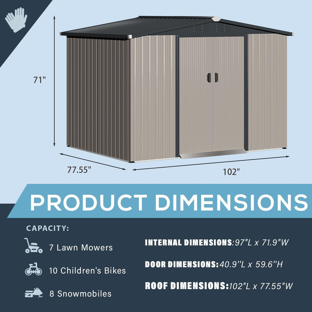 U-MAX 8 x 6 Ft Outdoor Shed, 6x8 Outdoor Storage Metal Cabinet Sheds & Outdoor Storage Clearance (Sliding Door), Garden Metal Shed for Yard in Grey