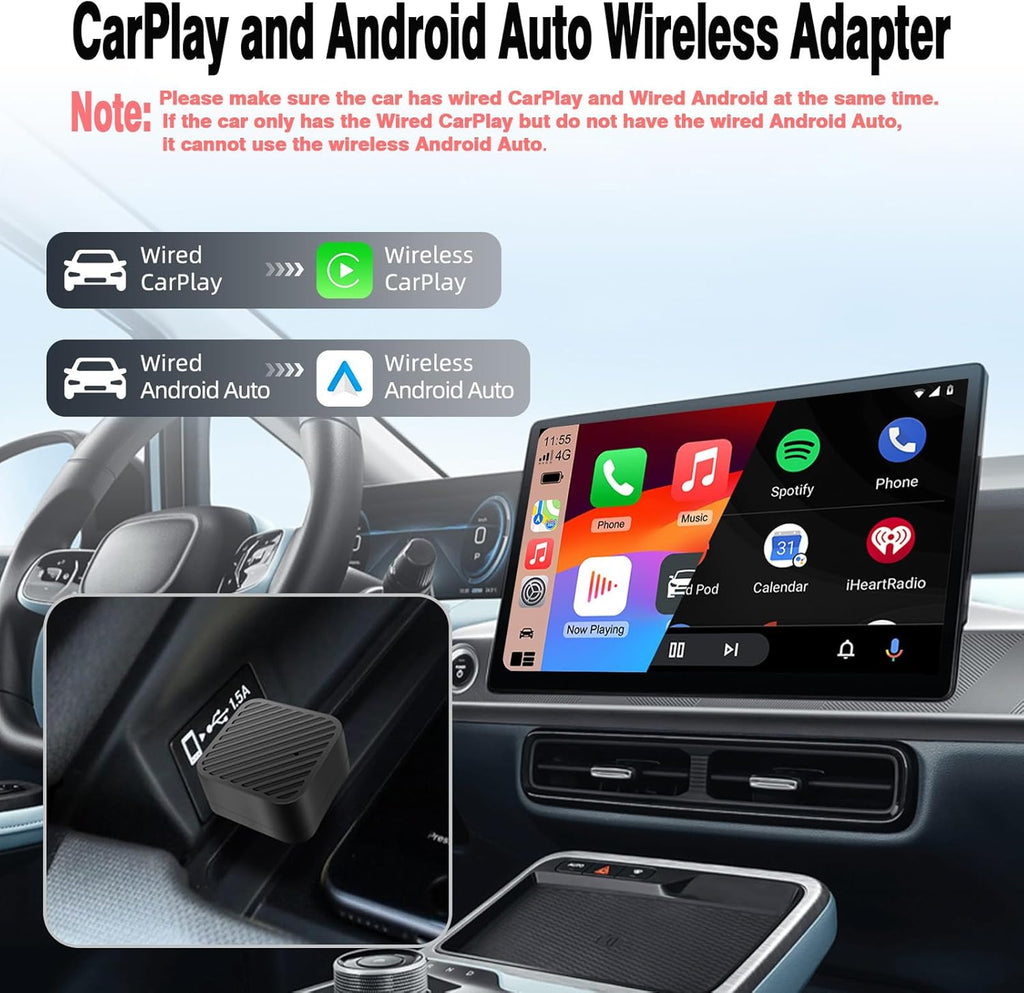 Mini Wireless CarPlay Adapter for iPhone, 2 in 1 CarPlay and Android Auto Wireless Adapter for Cars, Wired to Wireless, Plug & Play, Stable Fast Connection for Android 11+ and CarPlay iOS 10+
