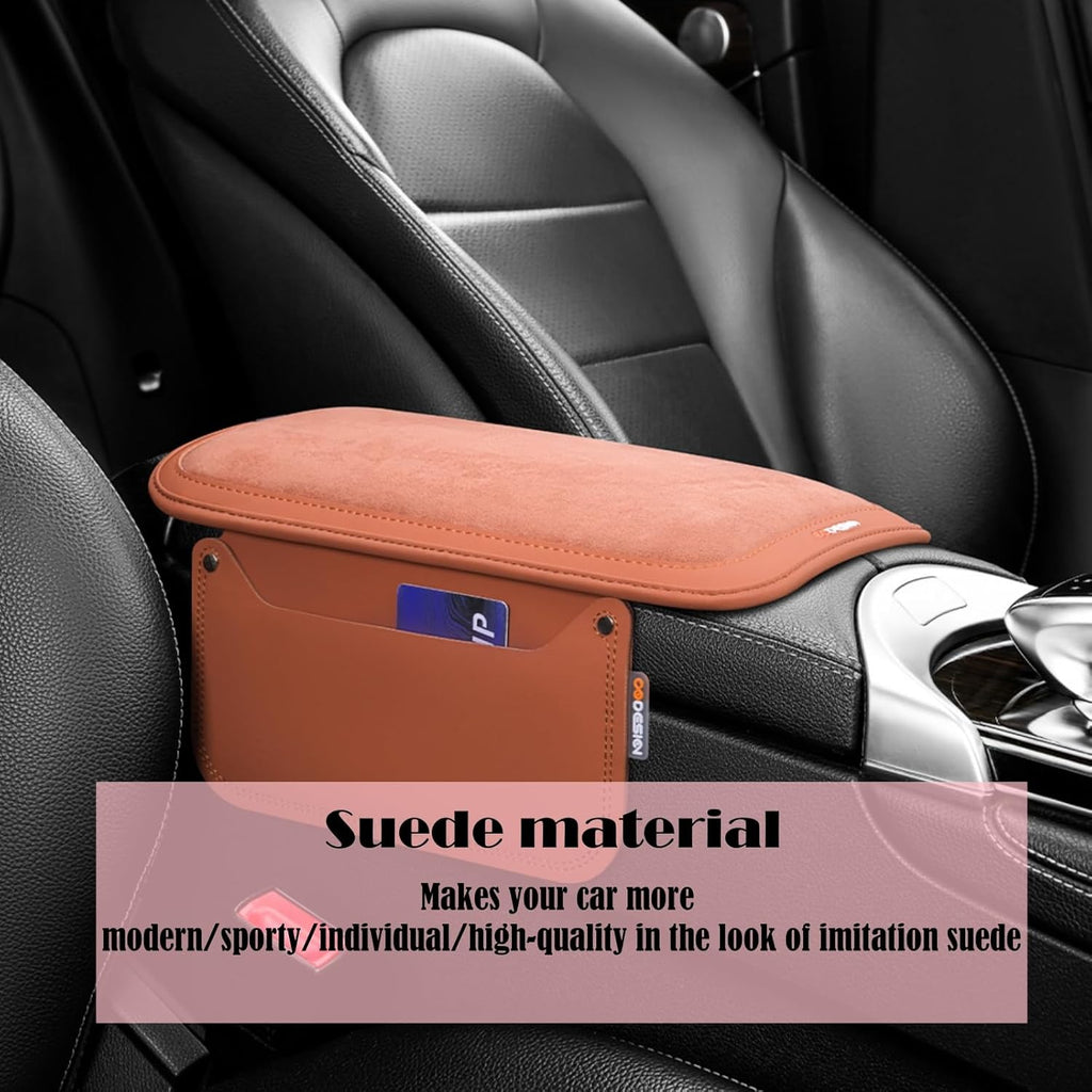 Arm Rest Cover for Car with 2 Storage Bags, Central Console Cover Armrest Pad, Suede Leather, Auto Interior Accessories for Most Vehicles, All-Season Comfort, Brown