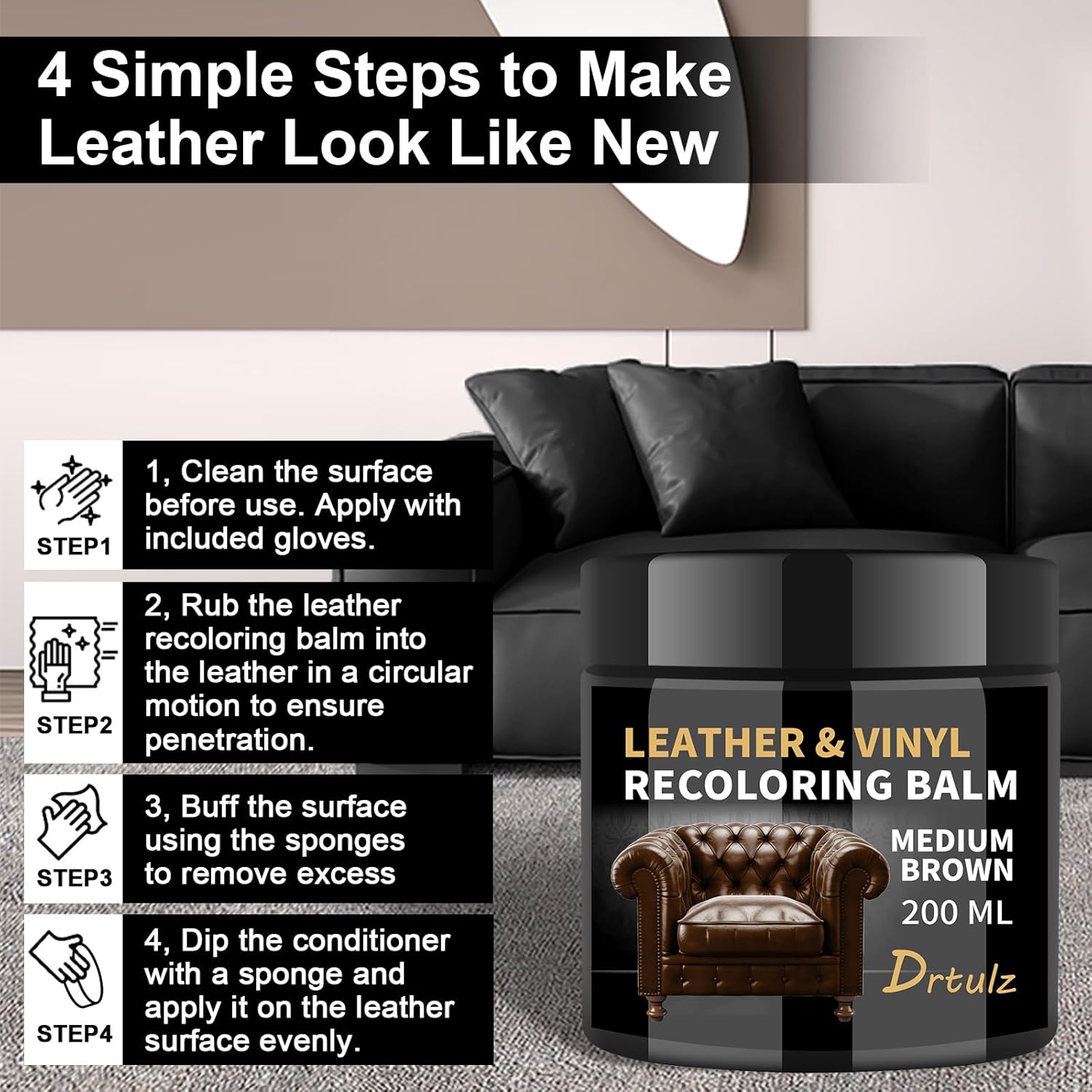 Black Leather Recoloring Balm, Leather Repair Kit for Furniture, Leather Scratch Remover, Leather Color Restorer for Couch, Car Seats, Shoes - Repair Leather Dye for Scratched and Faded Leather