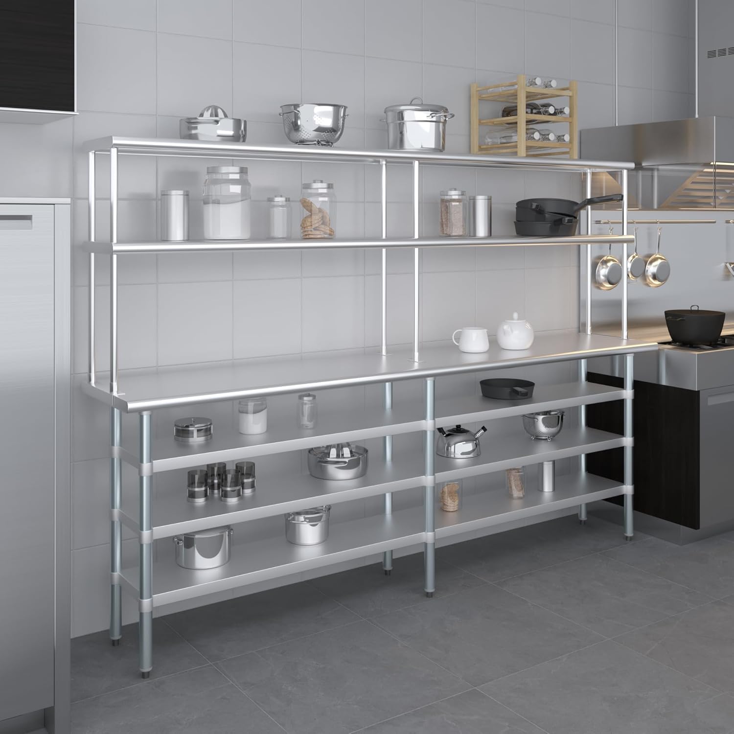 Amgood 18" x 96" Stainless Steel Work Table with 3 Shelves and 12" Wide Double Tier Overshelf | Metal Kitchen Prep Table & Shelving Combo | NSF