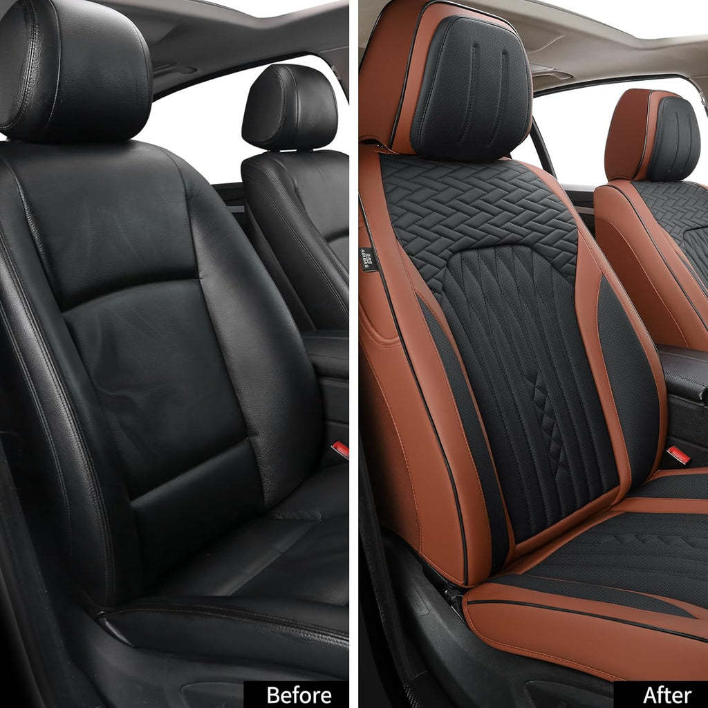 Car Seat Covers Full Set, Leather Seat Covers for Cars, Car Seat Protector Waterproof, Non-Slip Car Interior Covers Fit for Most Cars, SUV, Vans, Trucks,2Seaters,Full Set,Brown-Black,COMFDRIVE-A03