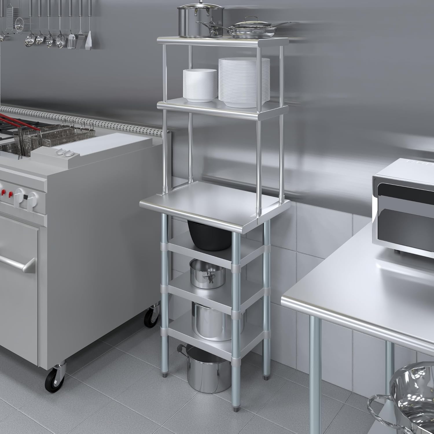 Amgood 18" x 24" Stainless Steel Work Table with 3 Shelves and 12" Wide Double Tier Overshelf | Metal Kitchen Prep Table & Shelving Combo | NSF