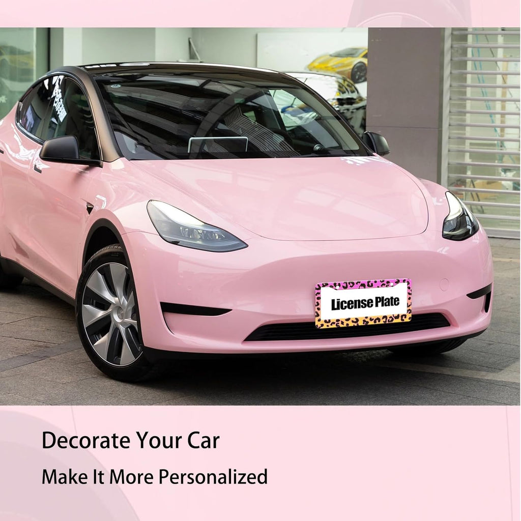 Gradient Color Leopard Print License Plate Frame Cheetah Print Tags Frames Holder Covers Metal Aluminum Rustproof Cute Car Accessories for Us Canada Standard Women Men 2 Holes with Screw Caps