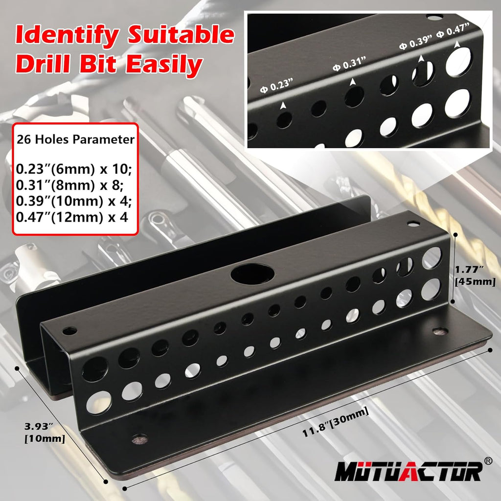 MUTUACTOR Magnetic Drill Bit Organizer,No Drilling Magnet Impact Drill Bit Storage,Anti-Slip Heavy Duty Magnetic Drill Bits Holder for Long Phillips Head Drill Bits,Black,26 Holes