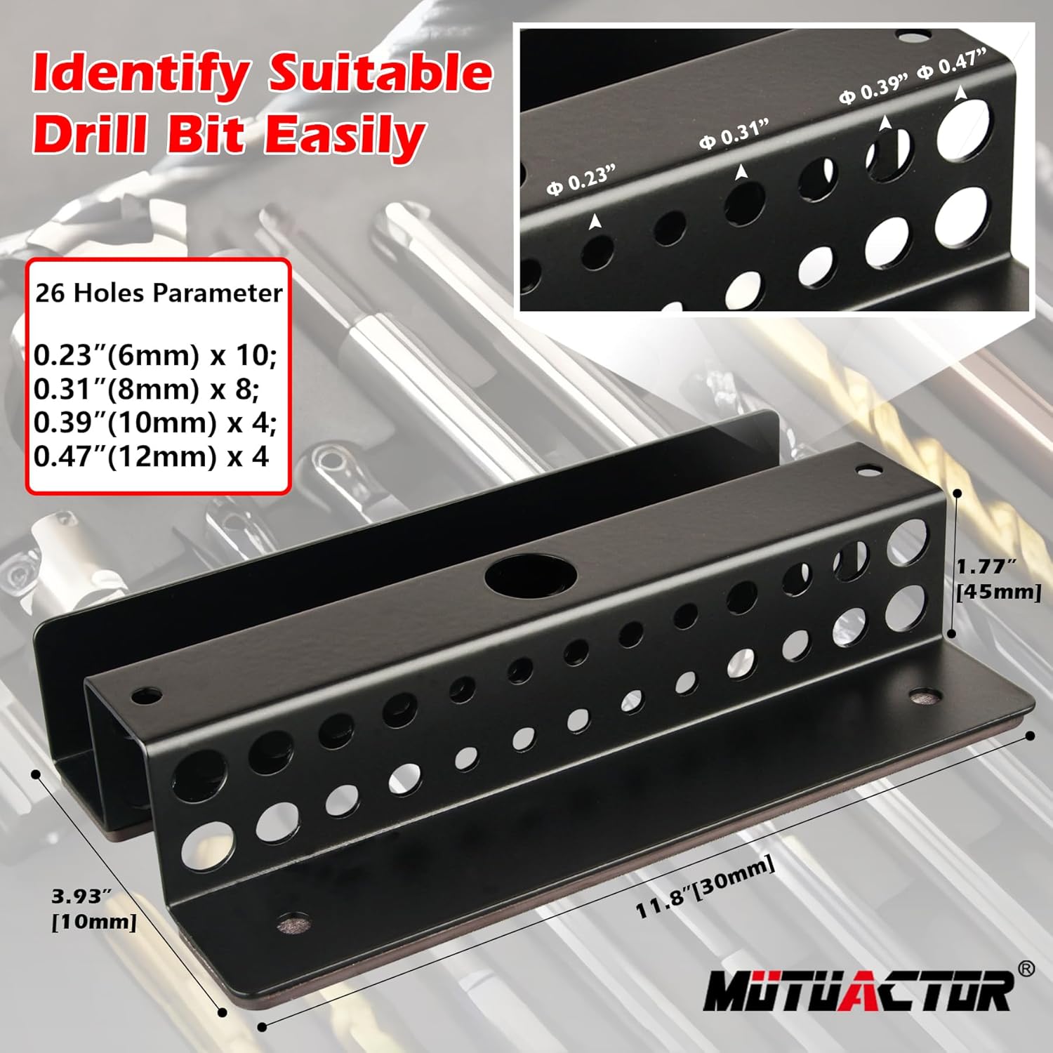 MUTUACTOR Magnetic Drill Bit Organizer,No Drilling Magnet Impact Drill Bit Storage,Anti-Slip Heavy Duty Magnetic Drill Bits Holder for Long Phillips Head Drill Bits,Black,26 Holes