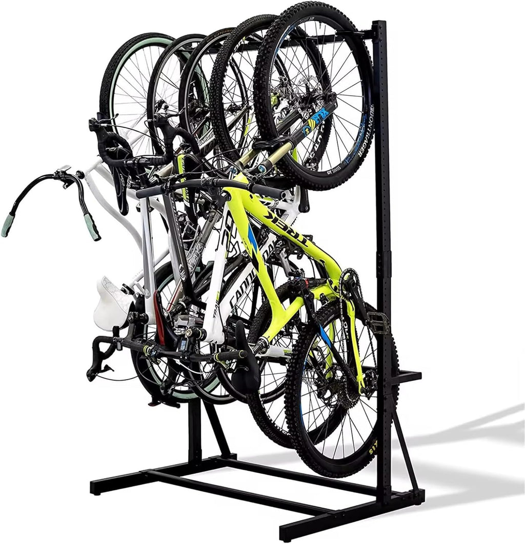 Upright Bike Stand, 5-Bike Stand Rack, Indoor Bike Storage Standing Bike - Garage Organizer - Freestanding Bicycle Rack with 5 Hanging Hook - Vertical & Horizontal Hangersfor Home