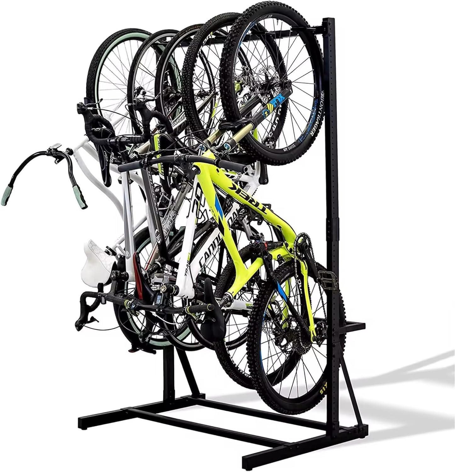 Upright Bike Stand, 5-Bike Stand Rack, Indoor Bike Storage Standing Bike - Garage Organizer - Freestanding Bicycle Rack with 5 Hanging Hook - Vertical & Horizontal Hangersfor Home