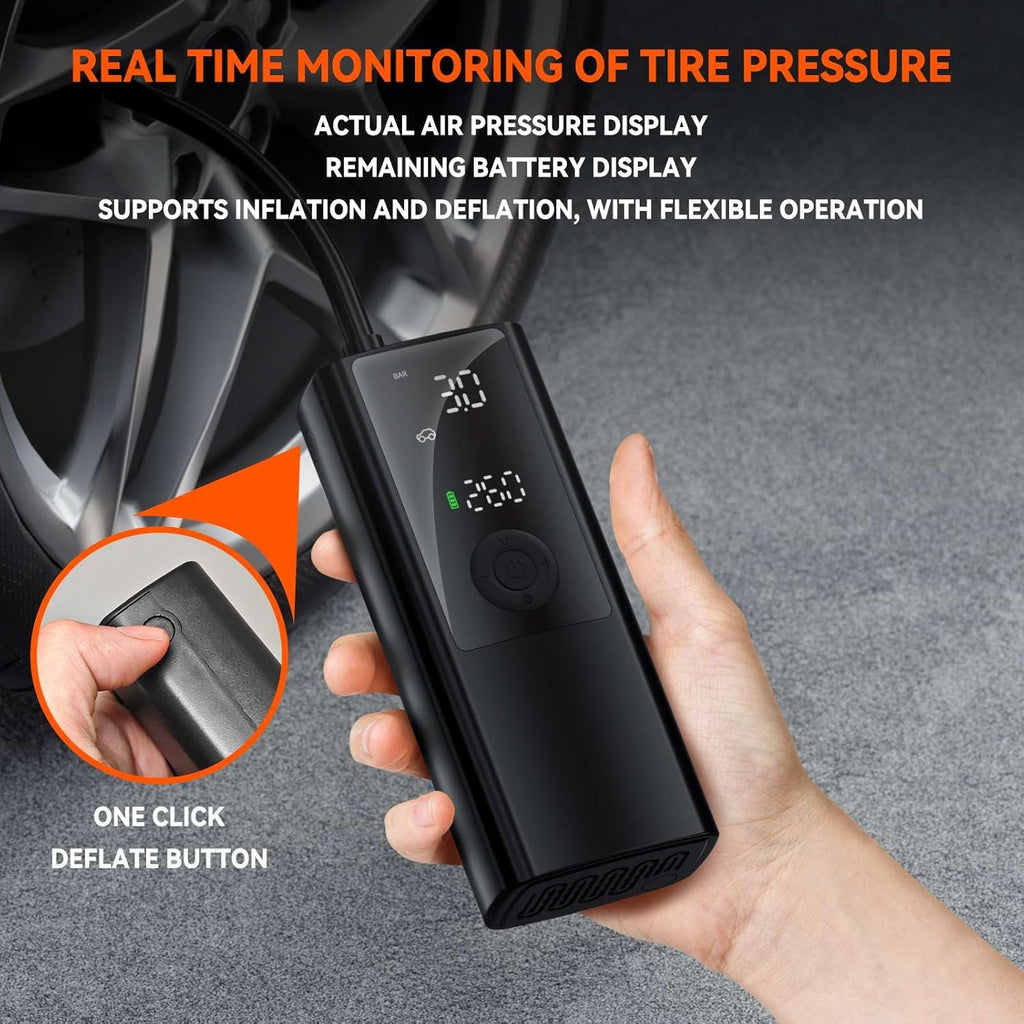 Electric Air Pump - for Bikes, Balls, Motorcycles, Cars & More - with Digital Pressure Gauge, LED Light, Auto Shut-Off - Hi-Reliable Compact Cordless Inflator