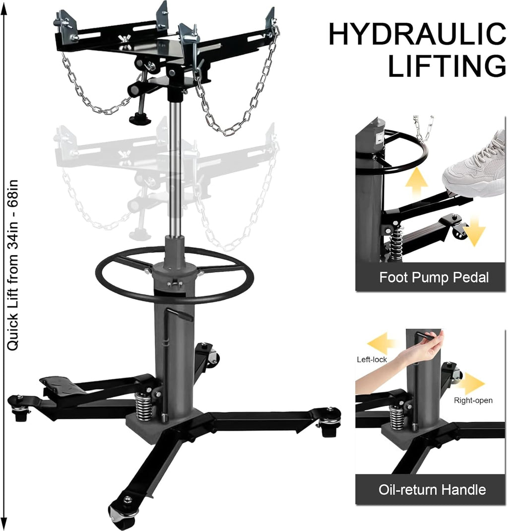 Transmission Jack 1660 lbs/ 0.75 Ton Capacity Hydraulic Telescopic Transmission Jack 34" - 70" Adjustable Height Telescoping Transmission Hydraulic with 360° Swivel Wheels Lift Hoist (Gray)