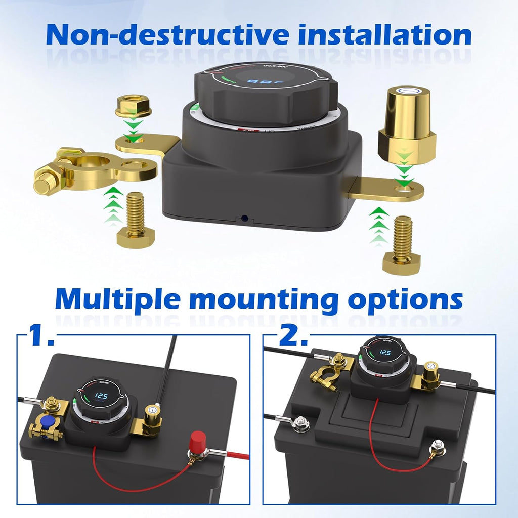 MaySpare Top Post Battery Disconnect Switch with Digital Voltage Display, DC 5-80V On Off Kill Switch, Voltmeter Power Cut Master Disconnect Isolator for Car RV Marine Boat Camper Truck Trailer
