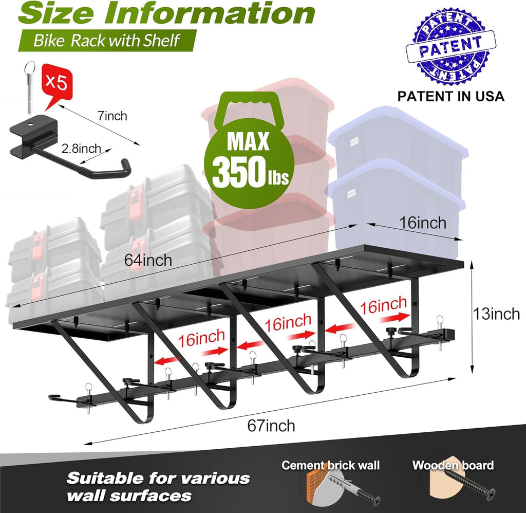 Bike Storage Rack with Shelf, Bike Wall Mount Garage Stand, Bike Hanger Storage Bicycles Hanger Hooks Bike Hooks for Garage Organizer