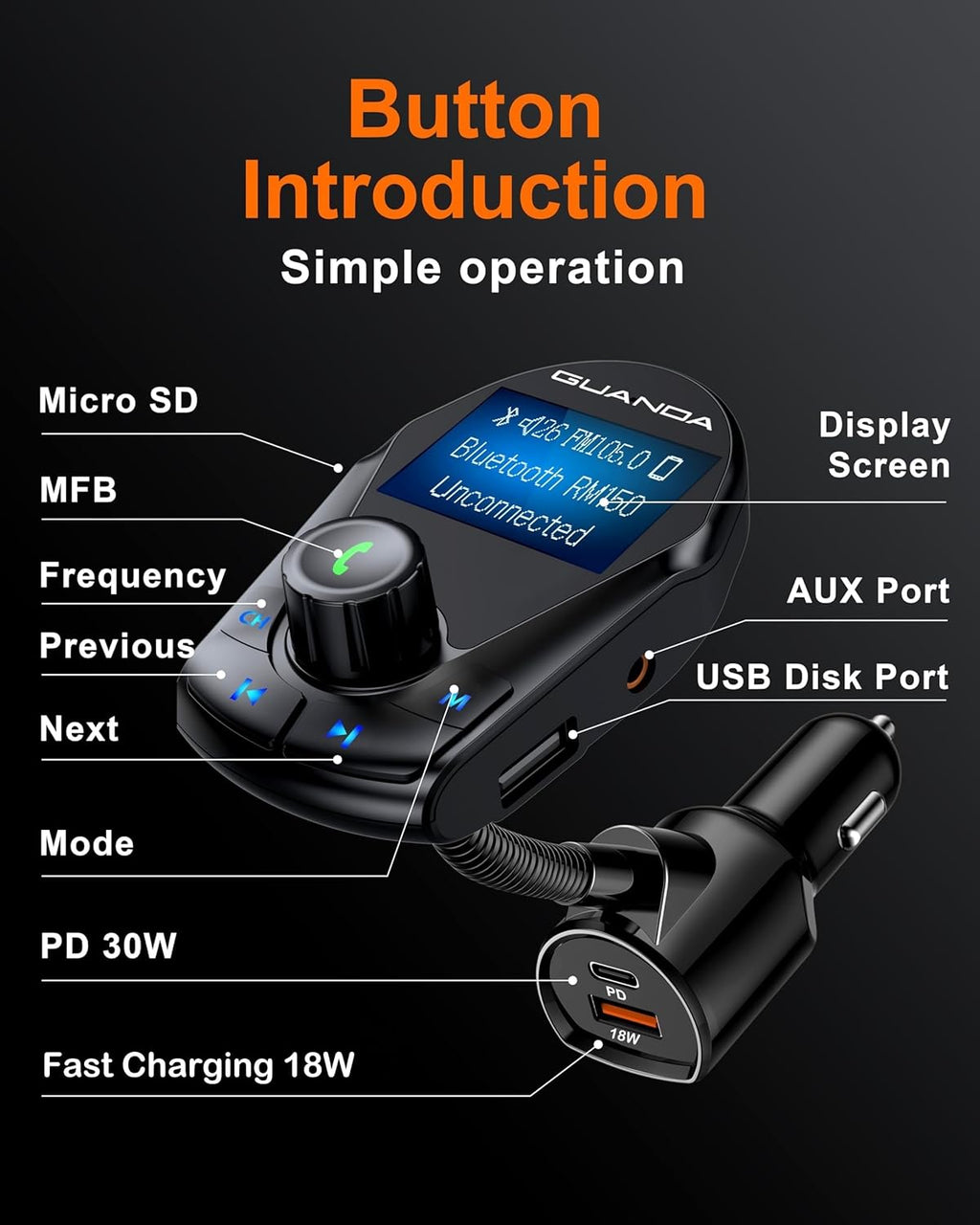 Bluetooth Transmitter Car Bluetooth Adapter, FM Transmitter Wireless Radio Adapter Kit 1.44" Display, MP3 Music Player, PD 30W Dual USB Port Charger Compatible for All Smartphones, Samsung Galaxy, LG