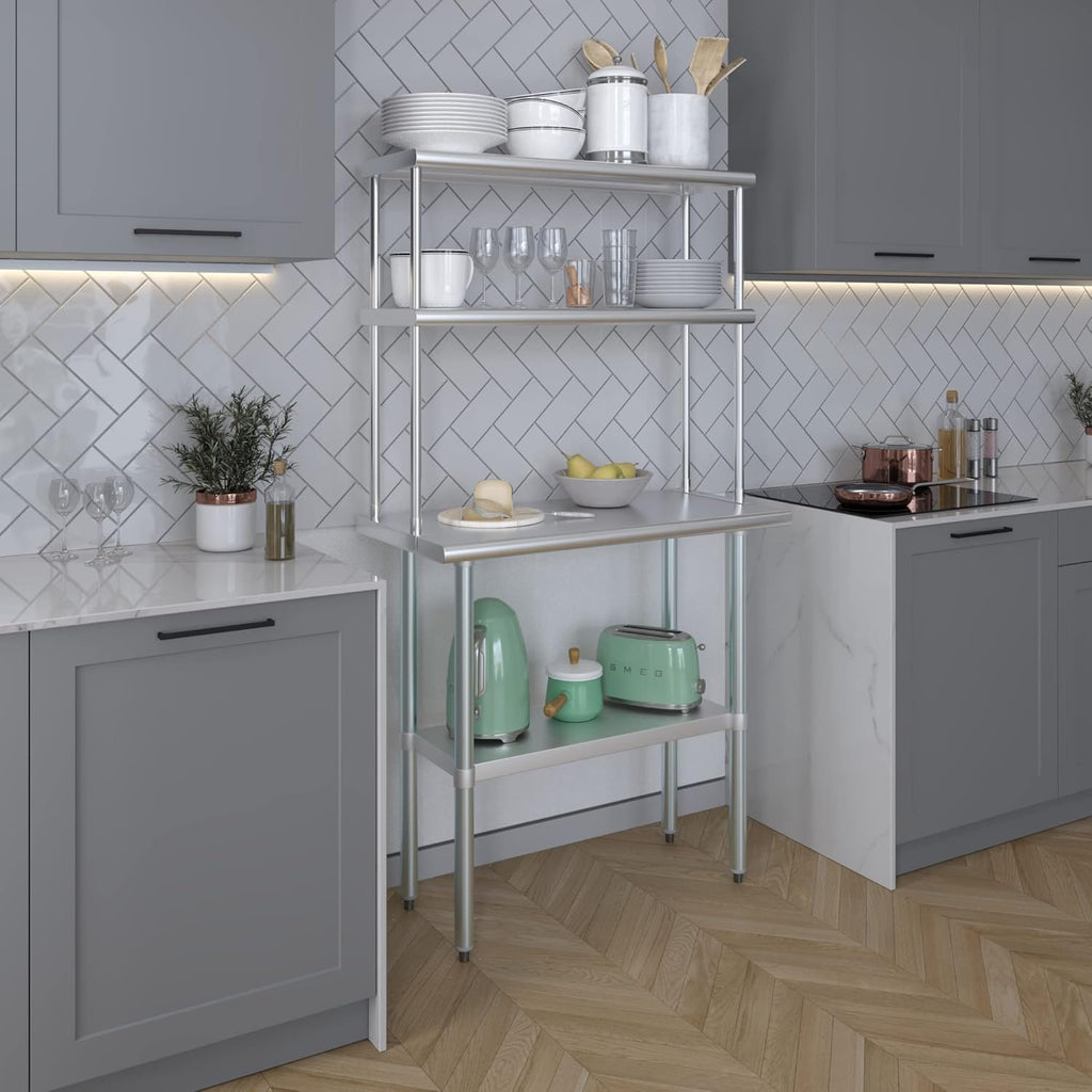 Amgood Stainless Steel Work Table Double Tier Overshelf | Metal Kitchen Prep Table & Shelving Combo (18" x 36" Work Table + 12" Overshelf)