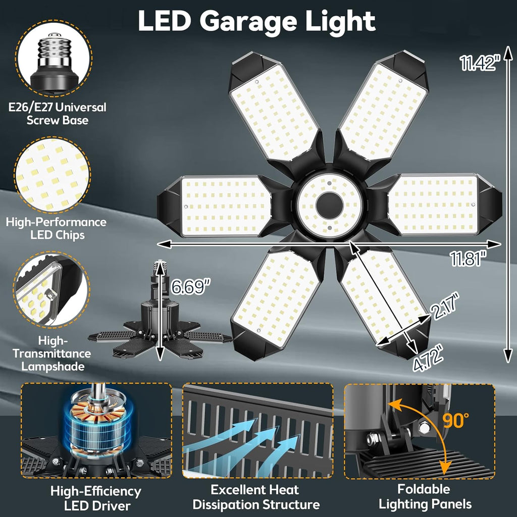 LED Garage Light Super Bright 15000LM LED Shop Ceiling Lights 6500K Garage Lighting, 360°&180° Adjustable Basement Lights with 6 Deformable Panels Screw in E26 E27 Socket for Storage Attic, 4 Pack
