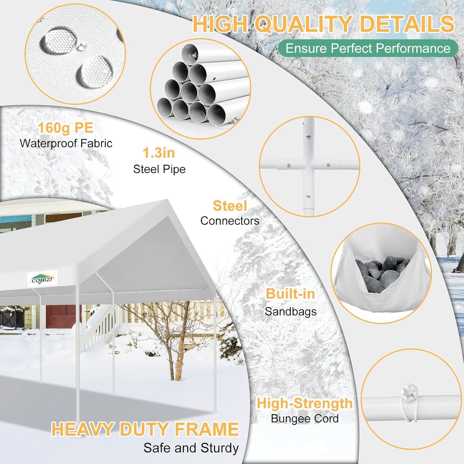 COBIZI Carport 12x20ft Heavy Duty Portable Garage, 2.0 Powder Coated Frame(Better Than Galvanized), Waterproof Shelter with Built-in Sandbags, for Car/Boat/SUV, White