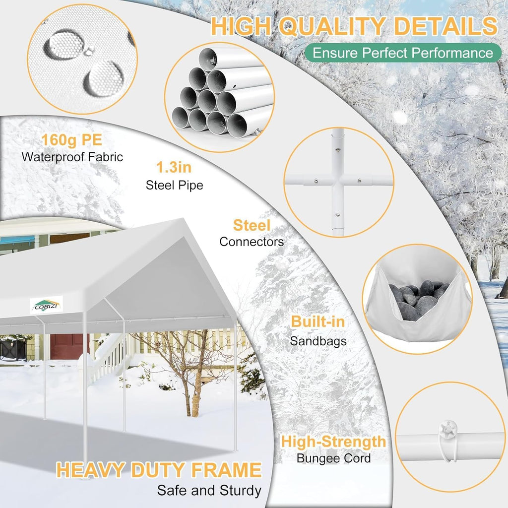 COBIZI 12x20ft Carport Heavy Duty, Portable Car Garage Outdoor Party Tent with Built-in Sandbags, Waterproof Car Canopy for Truck, Boat, SUV with All-Season Tarp, White