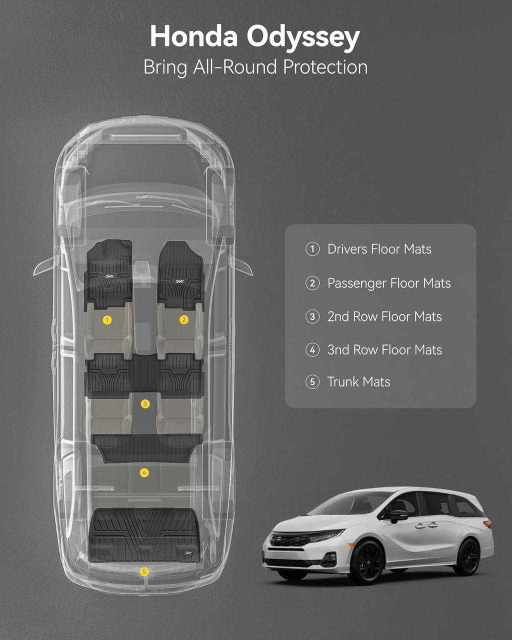 3W Floor Mats & Cargo Liner Fit for Honda Odyssey 2025-2018 Mini Passenger Van, All Weather TPE Floor Liners 1st 2nd & 3rd Rows Car Mats and Trunk Liner Odyssey Car Accessories, Black