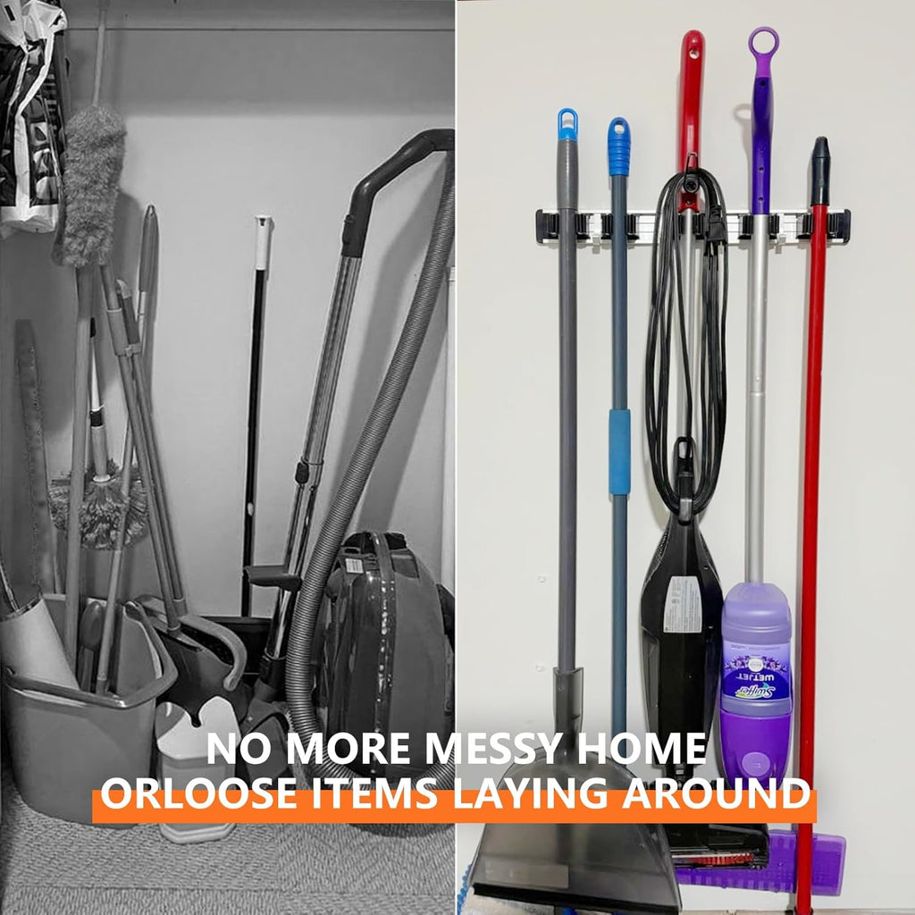 Broom Holder Wall Mount Mop and Broom Hanger Wall Mounted Garage Storage Rack Kitchen Garden Tool Organizer (5 Racks with 4 Hooks, Black)