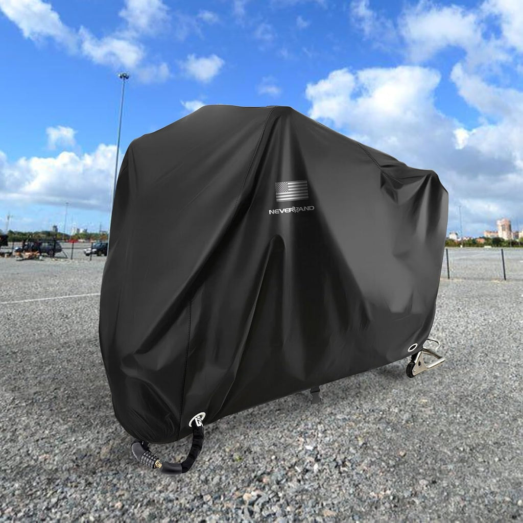 NEVERLAND Motorcycle Cover Waterproof Outdoor - Black Heavy Duty Scooter Cover, Motorbike Cover with Refletive Logo, Lock-Hole, Bandage, Storage Bag-Protect Against Dust, Debris, Rain and Weather(XL)