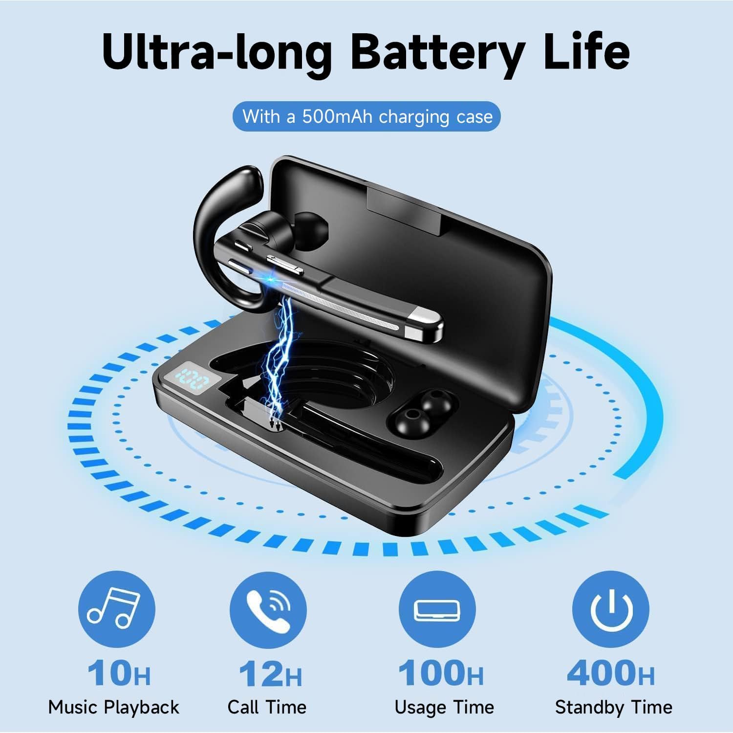 Bluetooth Headset V5.3,100 Hrs Talk Time Single-Ear Earphone, CVC8.0 Noise Cancelling Wireless Earbud, Business Earbud with 500 mAh Charging Case, Hands-Free Earpiece for Trucker/Home/Office Work