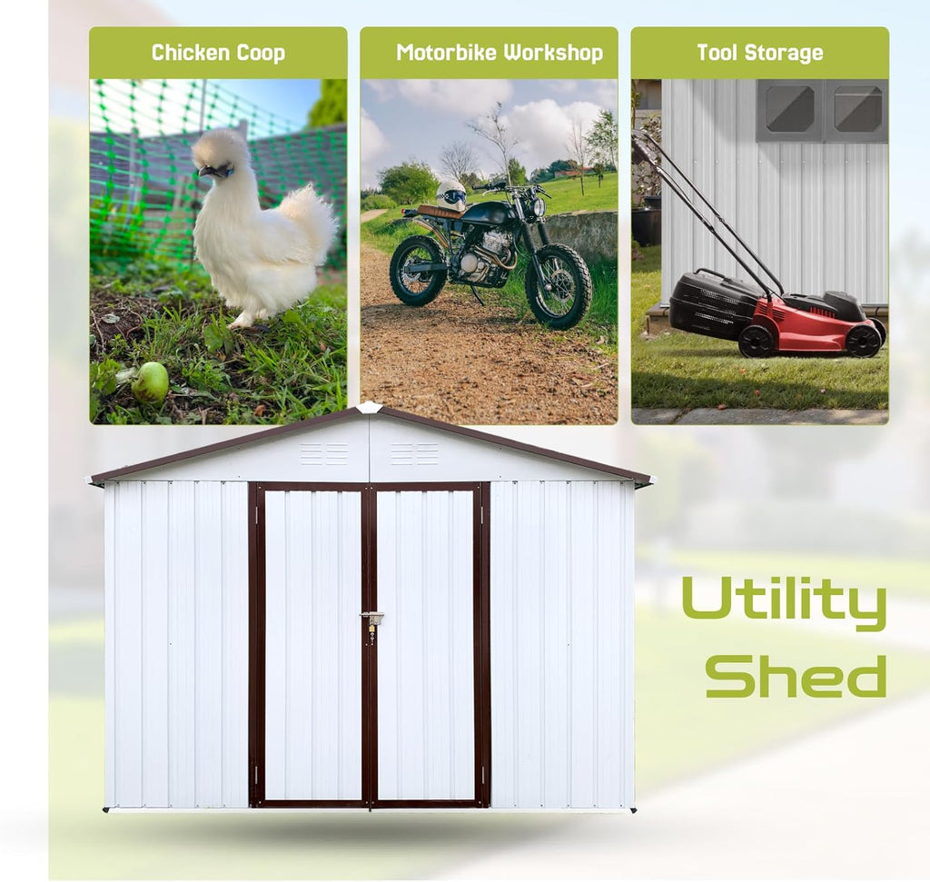 8 x 6 FT Outdoor Storage Shed, Metal Garden Tool Shed with Slooping Roof, Lockable Doors, All-Weather Bike Shed Easy to Assemble for Backyard, Patio, Lawn, White