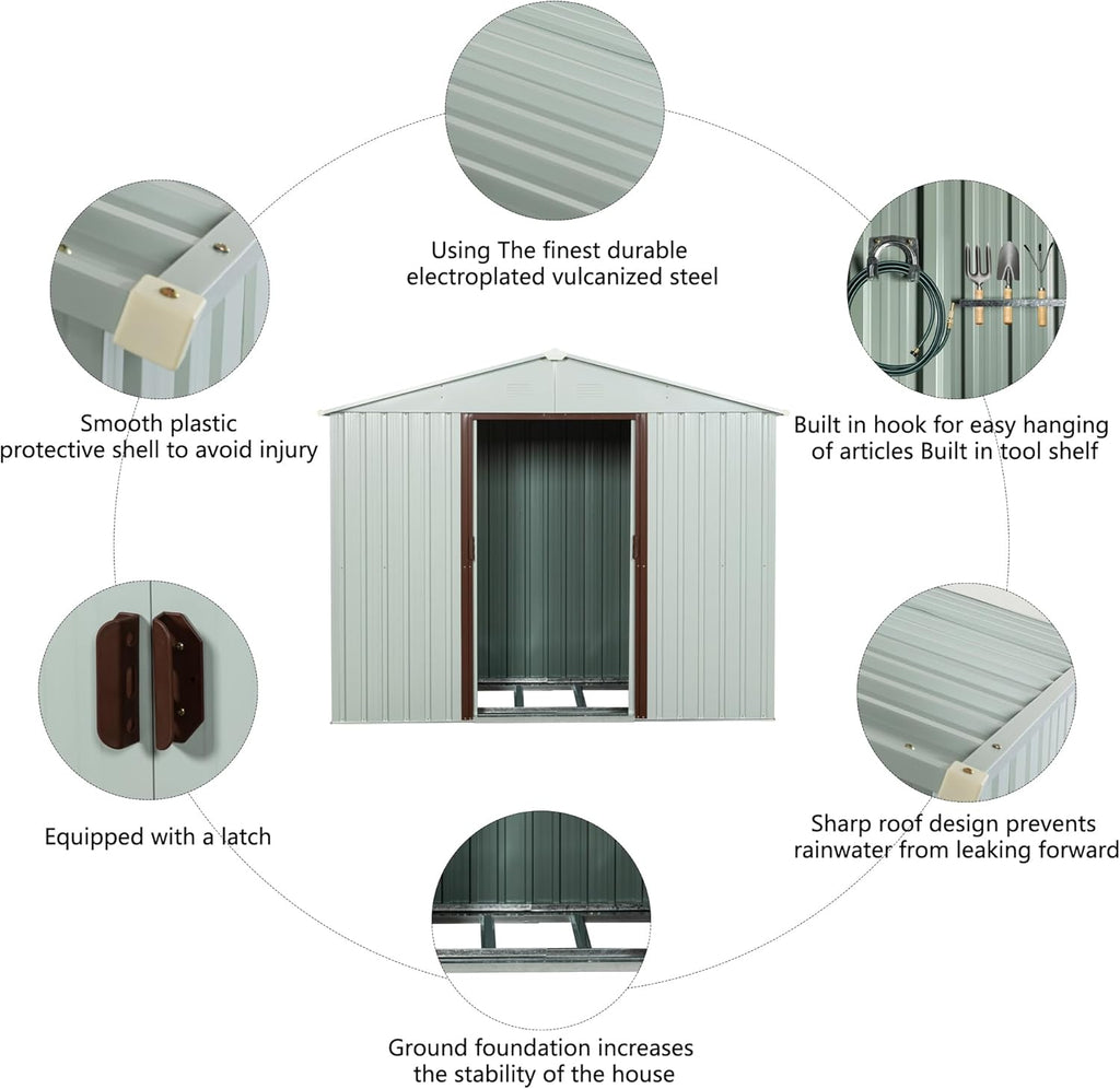 4x8 FT Outdoor Storage Shed, Metal Garden Shed with Frame Floor, Outside Tool Shed with Window, Waterproof Storage Building with Lockable Sliding Doors & Sloped Roof for Backyard, Patio, White